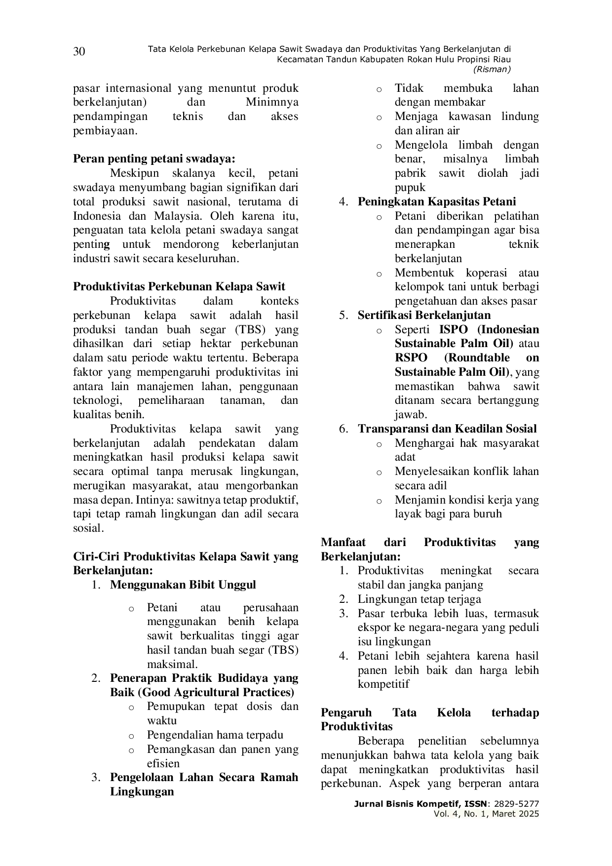JURIS Tata Kelola Perkebunan Kelapa Sawit Swadaya Dan Produktivitas Yang Berkelanjutan Di Kecamatan Tandun Kabupaten Rokan Hulu Propinsi Riau