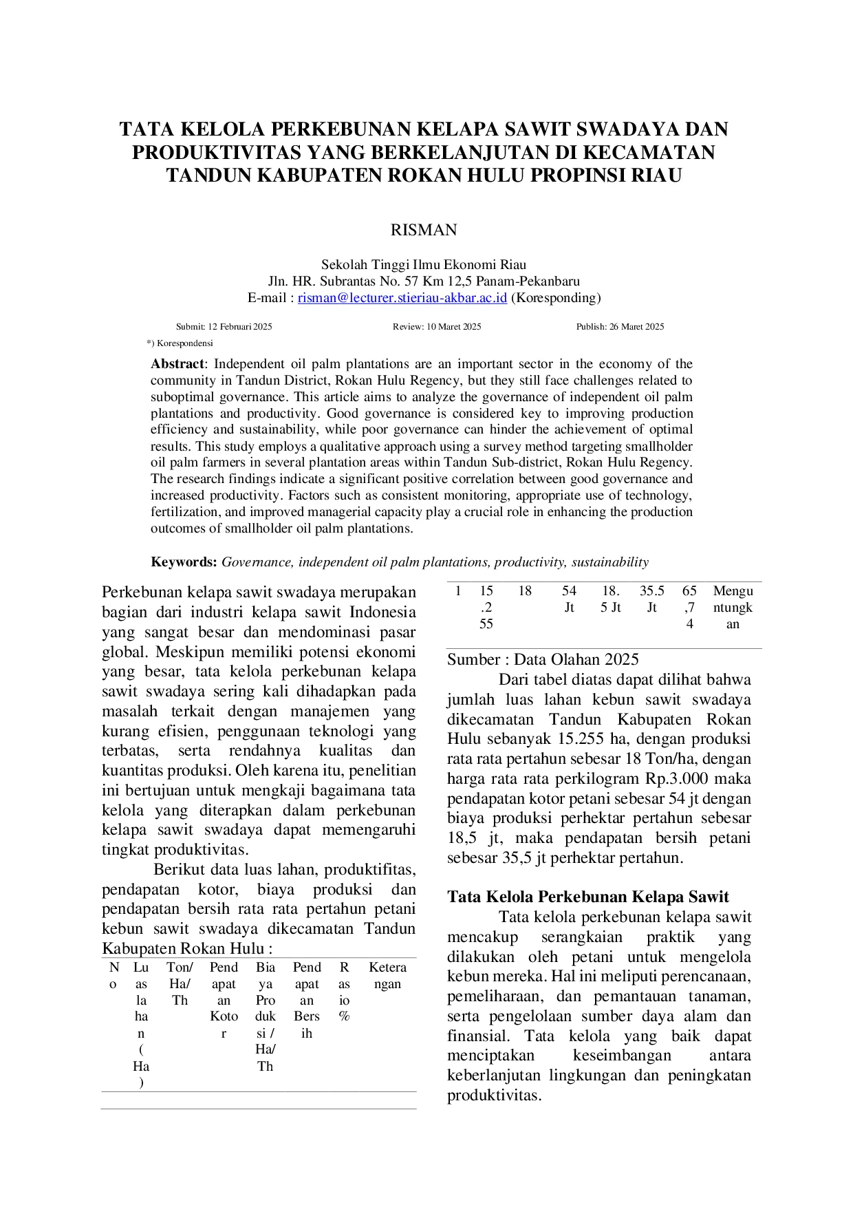 JURIS Tata Kelola Perkebunan Kelapa Sawit Swadaya Dan Produktivitas Yang Berkelanjutan Di Kecamatan Tandun Kabupaten Rokan Hulu Propinsi Riau