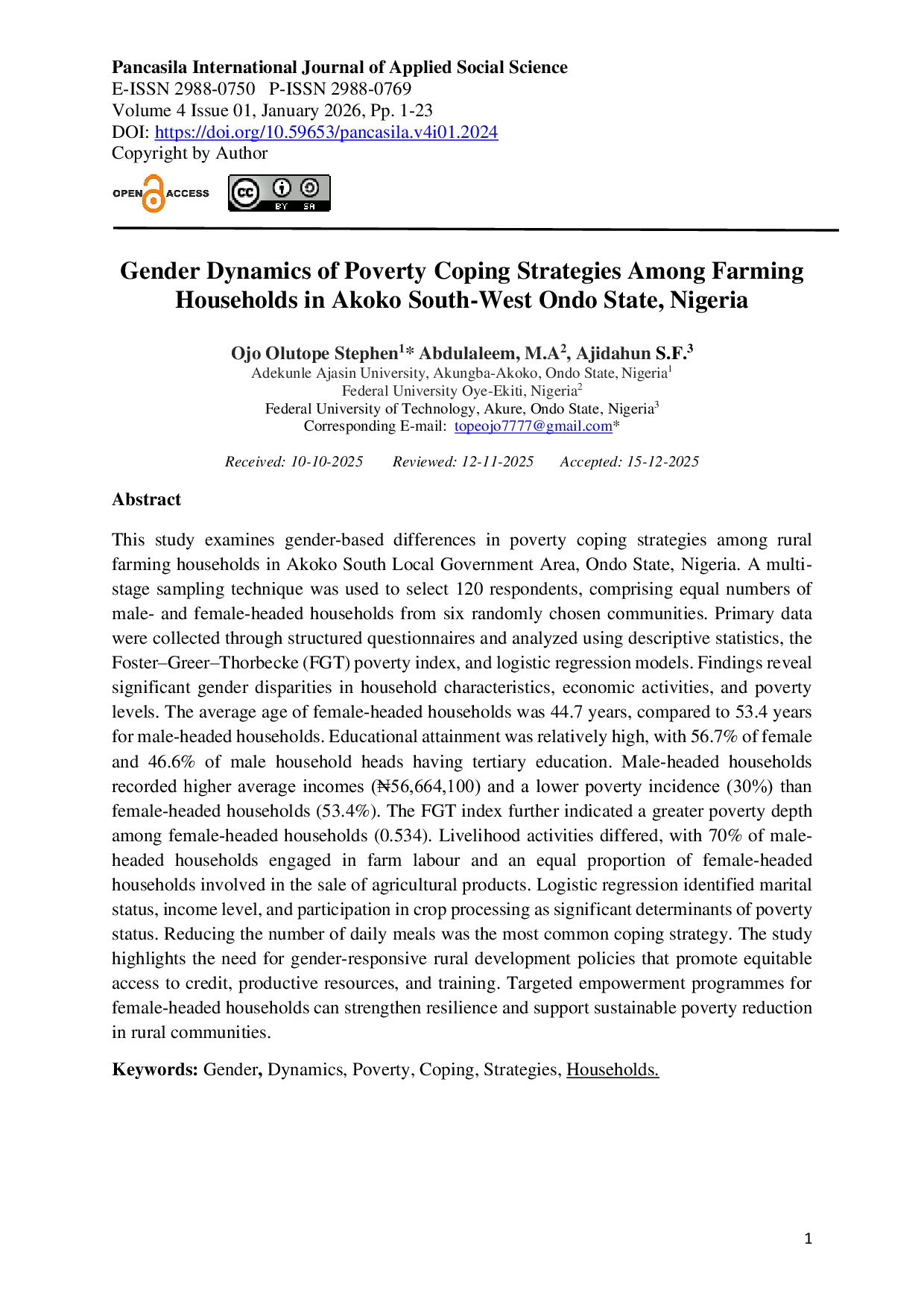 JURIS Gender Dynamics of Poverty Coping Strategies Among Farming Households in Akoko South West Ondo State Nigeria