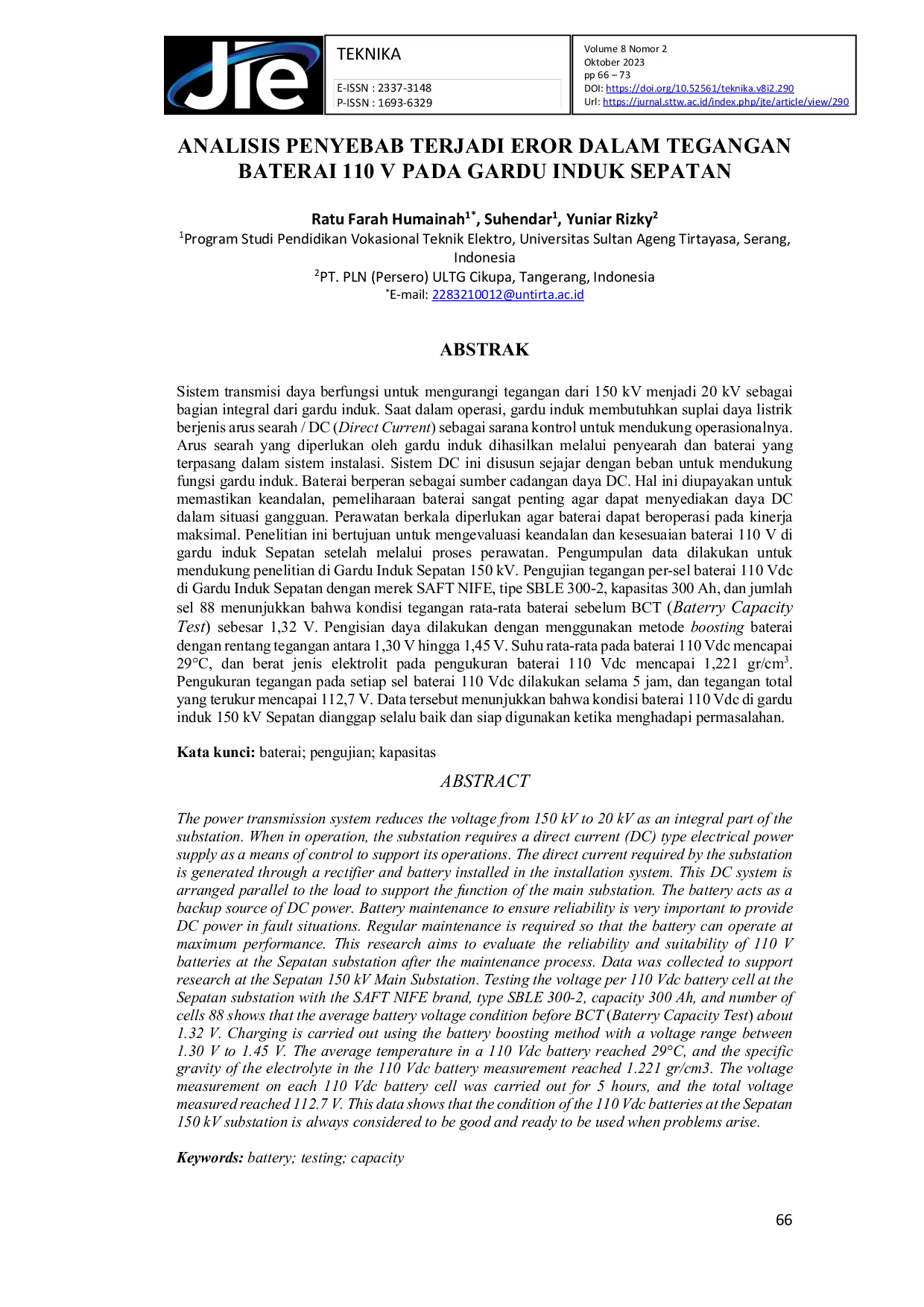 JURIS Analisis Penyebab Terjadi Eror Dalam Tegangan Baterai 110 V Pada Gardu Induk Sepatan