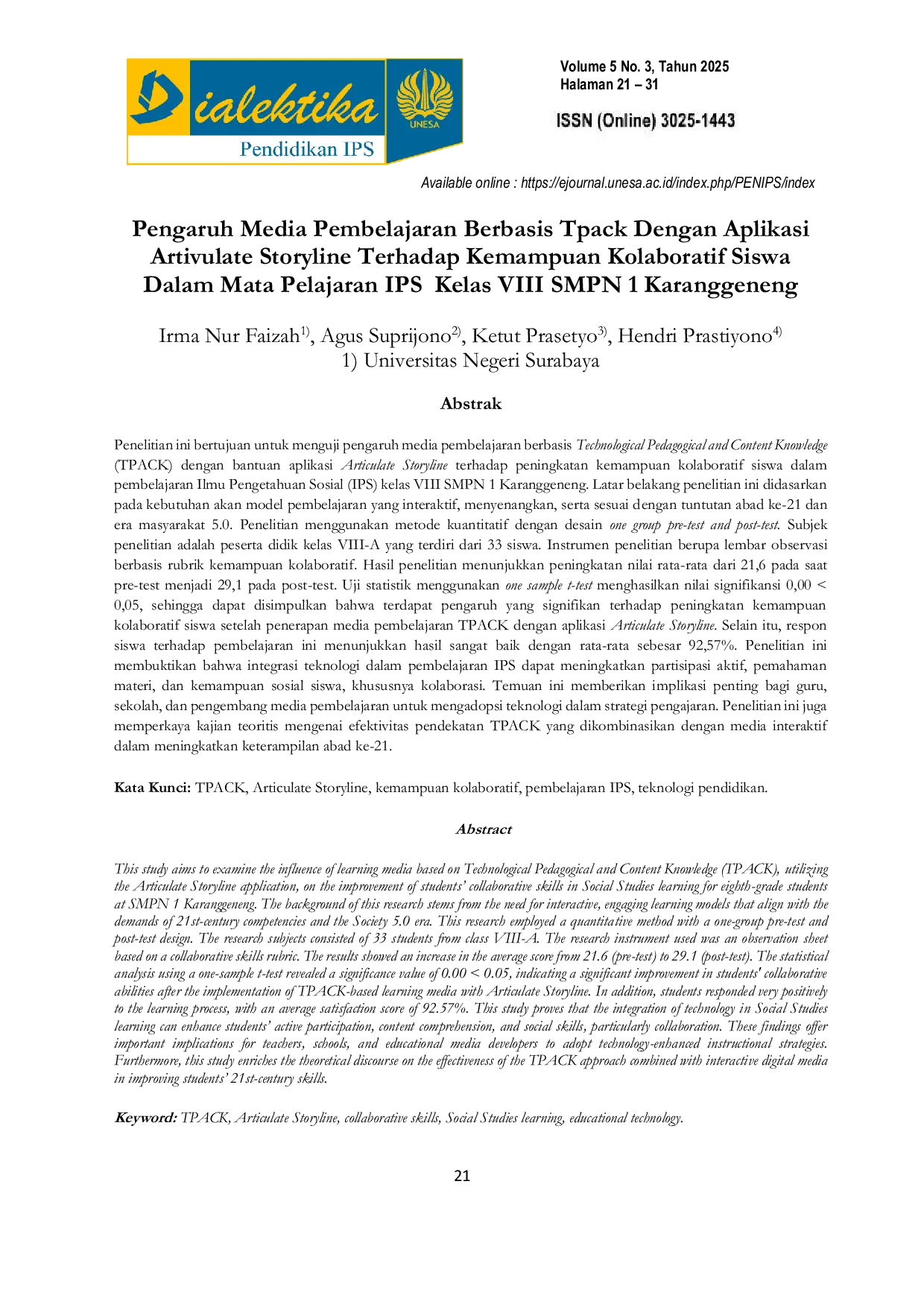 JURIS Pengaruh Media Pembelajaran Berbasis TPACK Dengan Aplikasi Articulate Storyline Terhadap Kemampuan Kolaboratif Siswa Dalam Mata Pelajaran IPS Kelas VIII SMPN 1 Karanggeneng