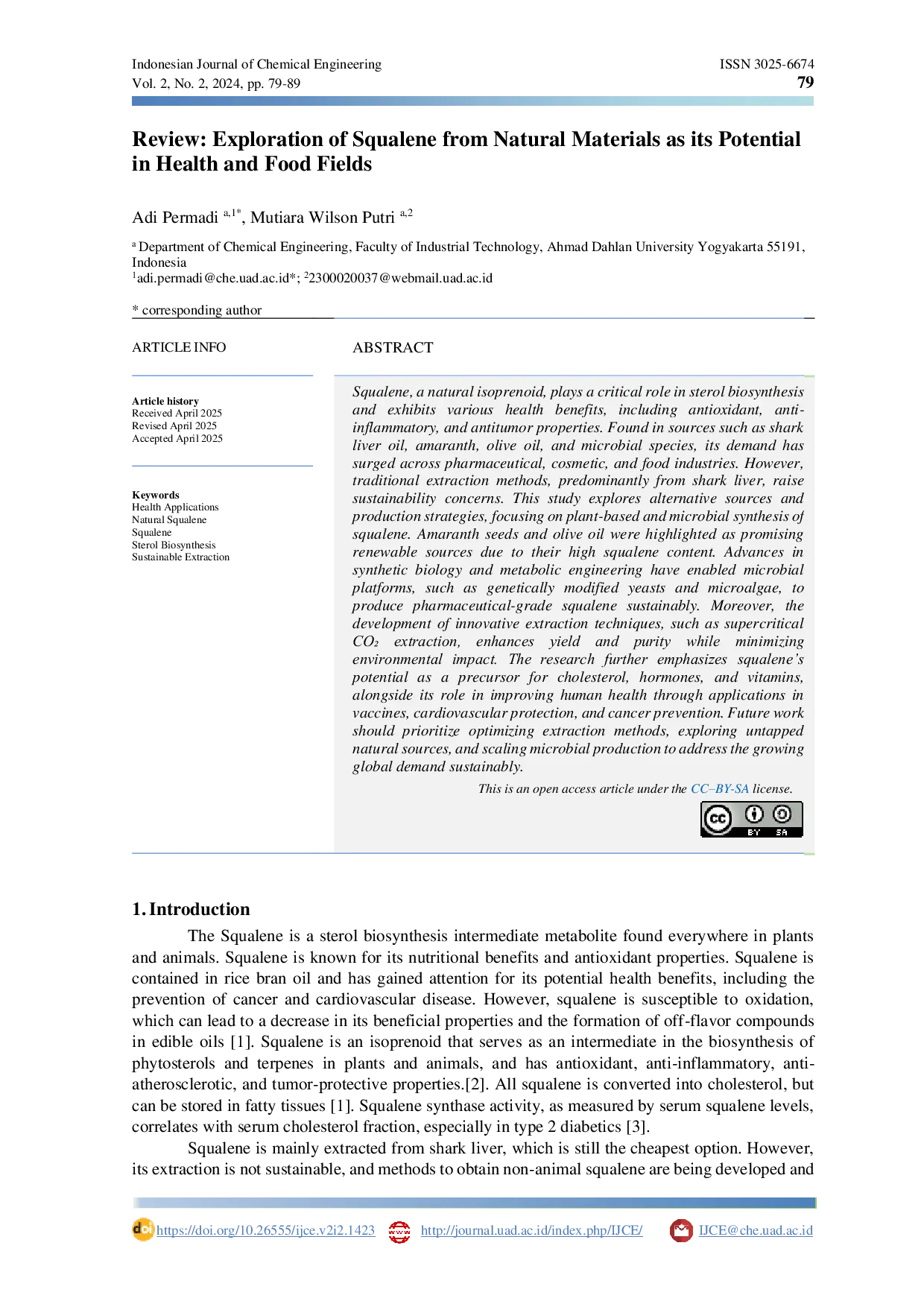 JURIS Review Exploration of Squalene from Natural Materials as its Potential in Health and Food Fields