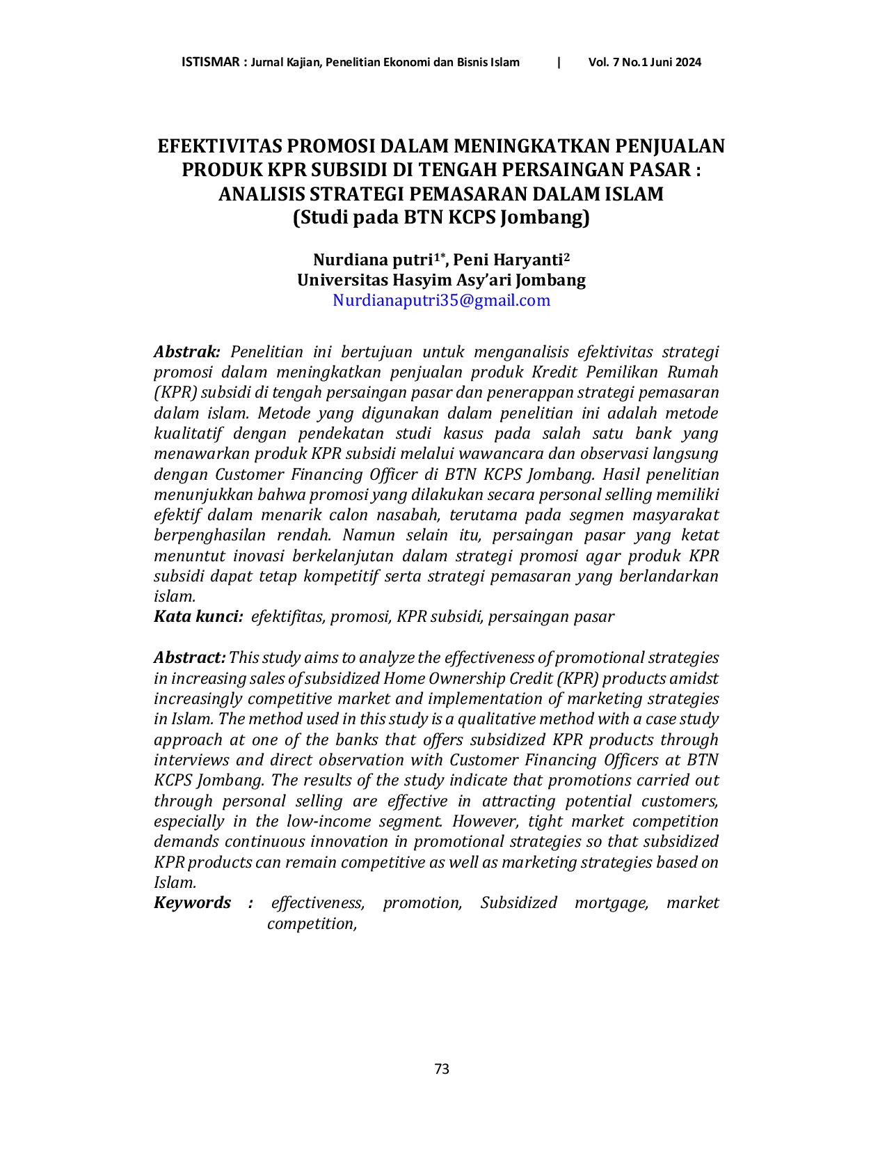 JURIS EFEKTIVITAS PROMOSI DALAM MENINGKATKAN PENJUALAN PRODUK KPR SUBSIDI DiTENGAH PERSAINGAN PASAR ANALISIS STRATEGI PEMASARAN DALAM ISLAM Studi pada BTN KCPS Jombang