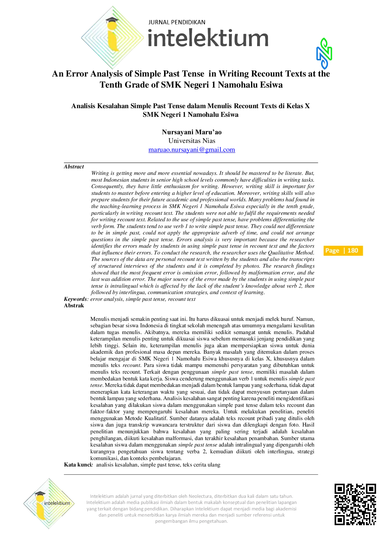 JURIS An Error Analysis of Simple Past Tense in Writing Recount Texts at the Tenth Grade of SMK Negeri 1 Namohalu Esiwa