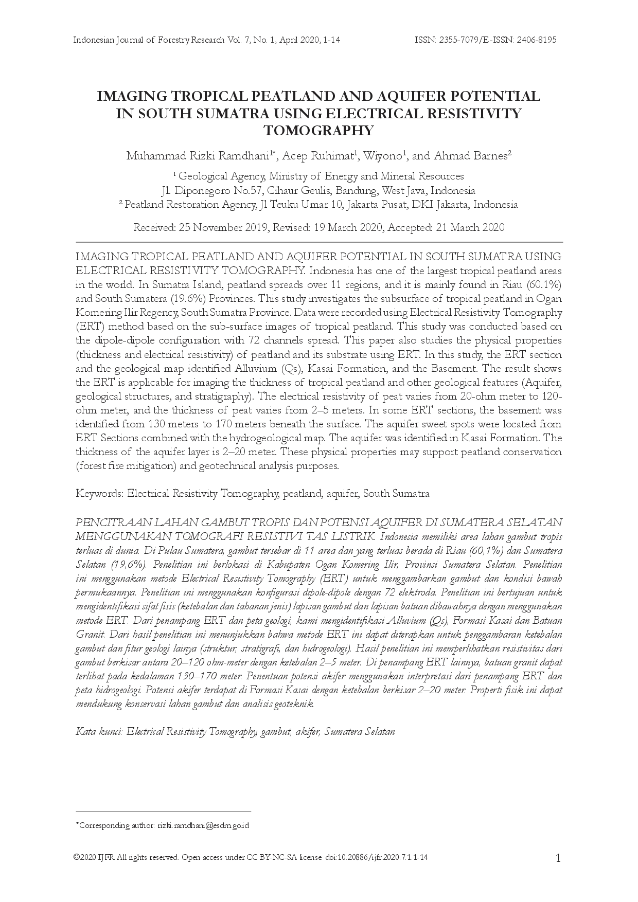 juris Pencitraan Lahan Gambut Tropis Dan Potensi Akifer Di Sumatera Selatan Menggunakan Tomografi Resistivitas Listrik