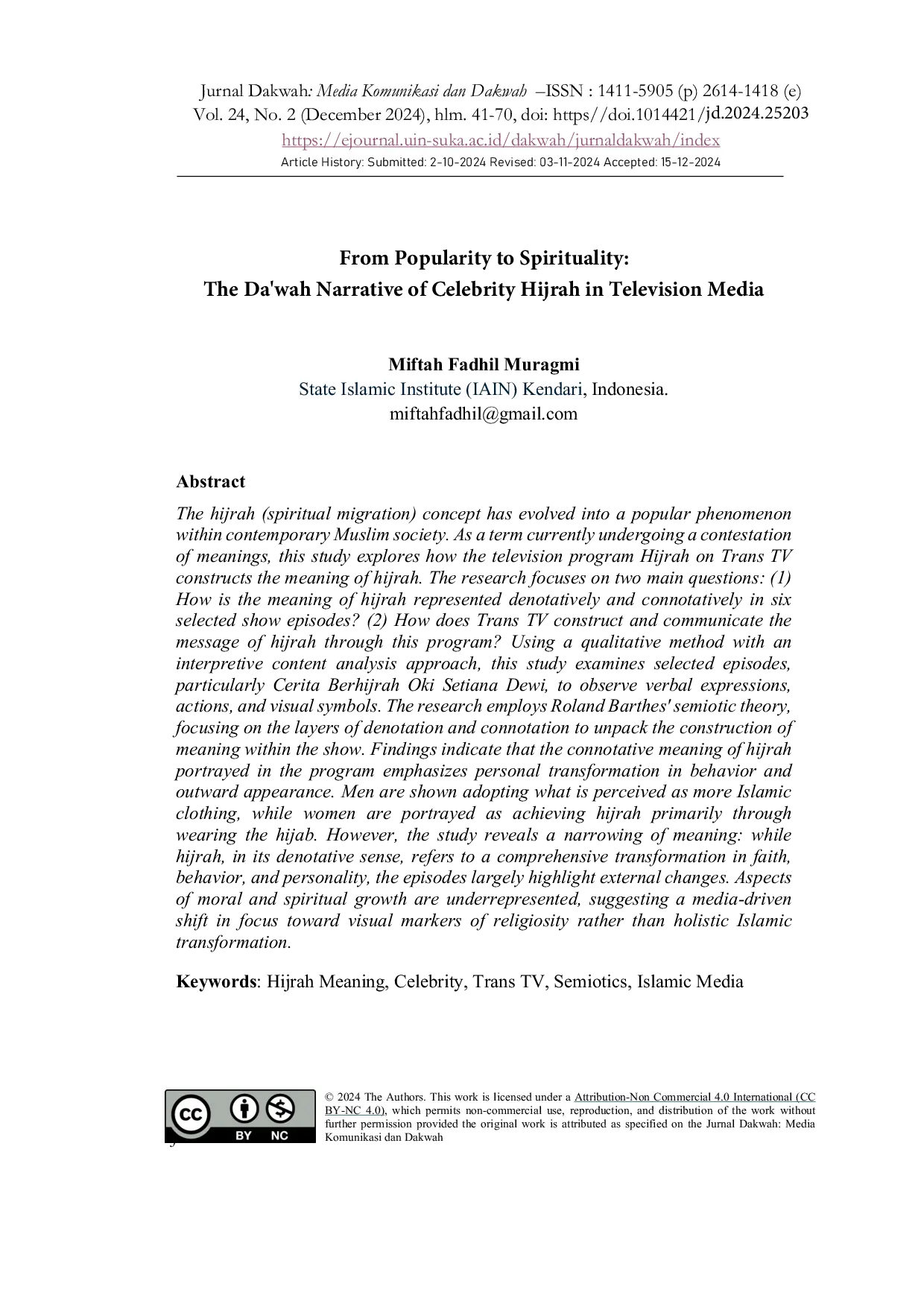 JURIS From Popularity to Spirituality The Da wah Narrative of Celebrity Hijrah in Television Media