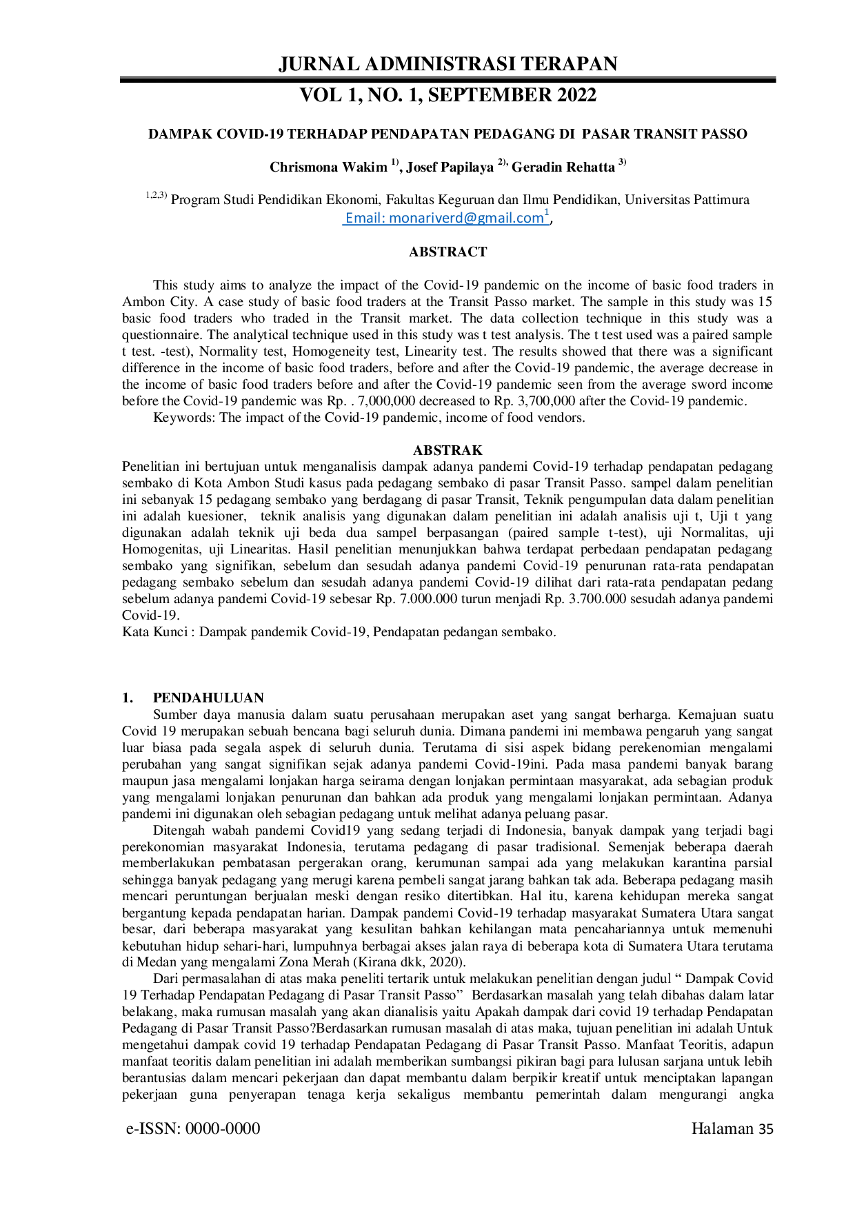 JURIS Dampak Covid 19 Terhadap Pendapatan Pedagang di Pasar Transit Passo