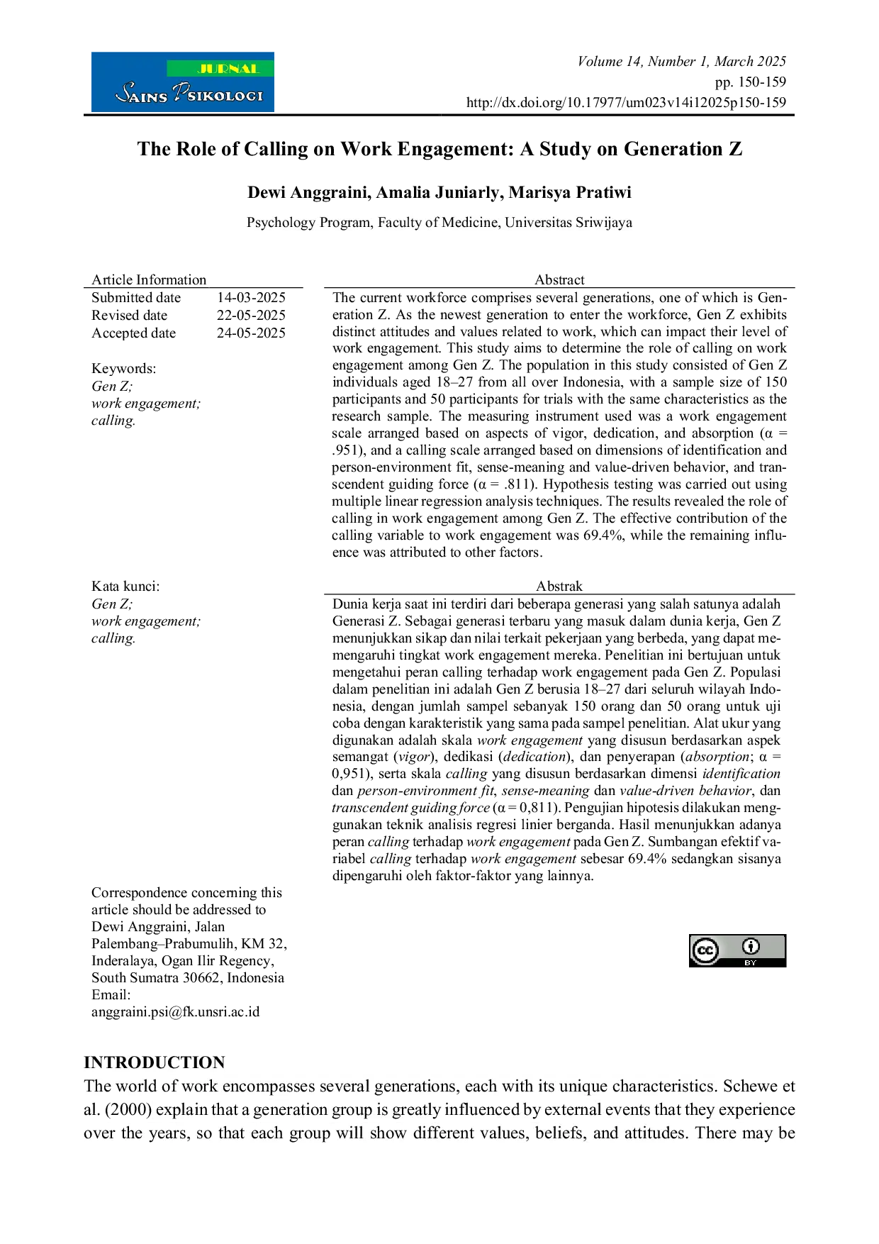 JURIS The Role of Calling on Work Engagement A Study on Generation Z