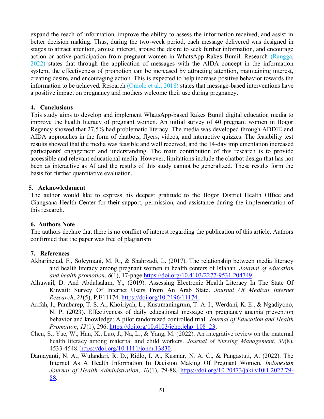 JURIS Development and Implementation of WhatsApp based Health Literacy Media for Pregnant Women Rakes Bumil A Community Empowerment Approach using ADDIE and AIDA Models