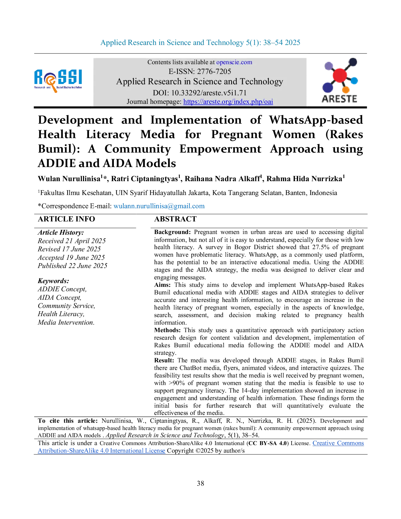 JURIS Development and Implementation of WhatsApp based Health Literacy Media for Pregnant Women Rakes Bumil A Community Empowerment Approach using ADDIE and AIDA Models