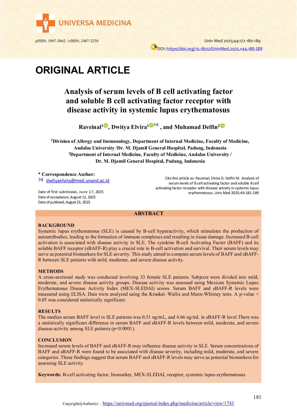 JURIS Analysis Of Serum Levels Of B Cell Activating Factor And Soluble B Cell Activating Factor Receptor With Disease Activity In Systemic Lupus Erythematosus