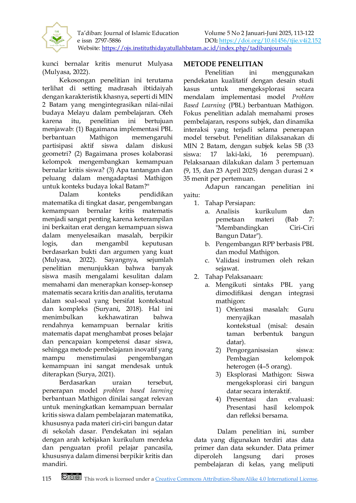 JURIS Implementasi Problem Based Learning Berbantuan Mathigon untuk Meningkatkan Kemampuan Bernalar Kritis Siswa Kelas 5 pada Materi Bangun Datar