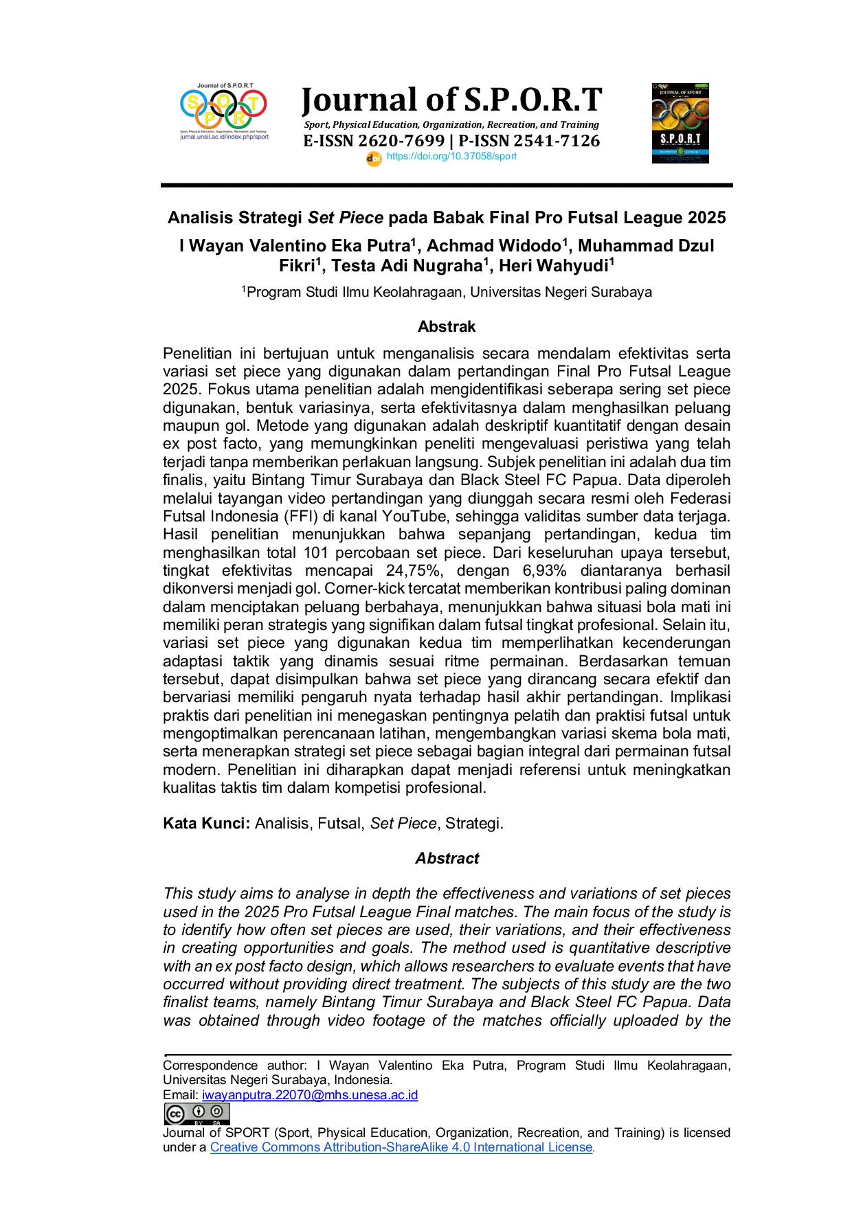 JURIS Analisis Strategi Set Piece pada Babak Final Pro Futsal League 2025