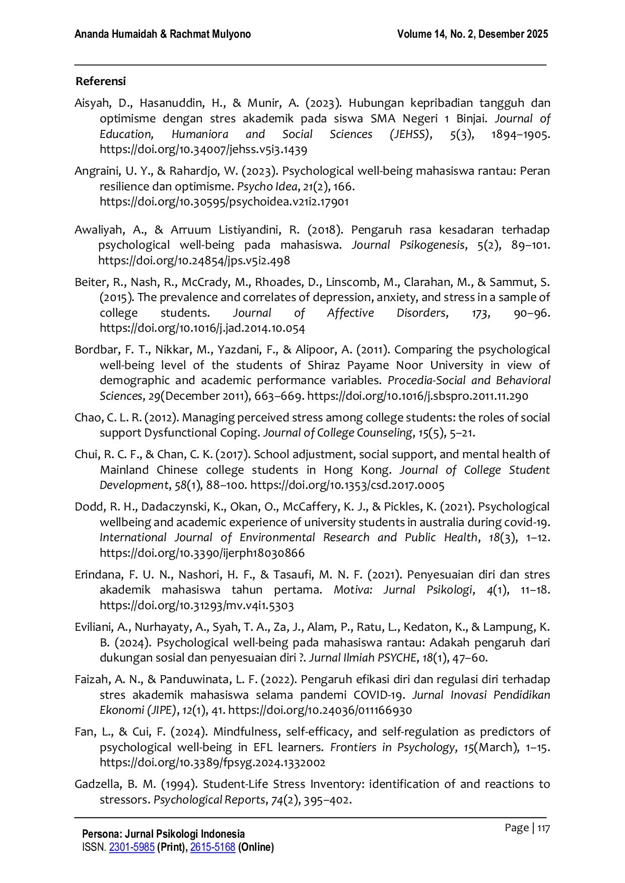 JURIS Academic stress sebagai mediator hubungan antara self adjustment self regulation dan optimism dengan psychological well being Generasi Z