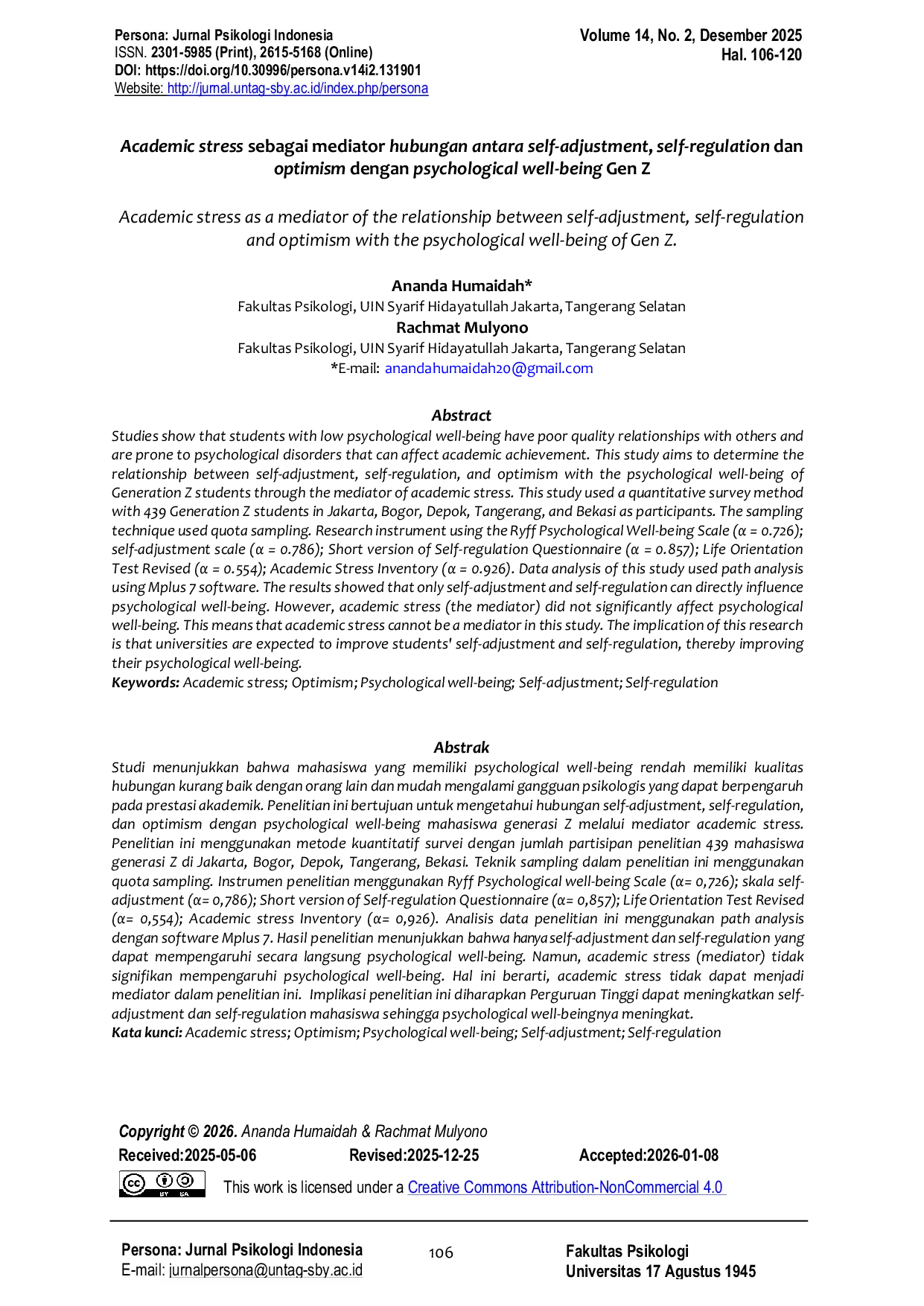 JURIS Academic stress sebagai mediator hubungan antara self adjustment self regulation dan optimism dengan psychological well being Generasi Z