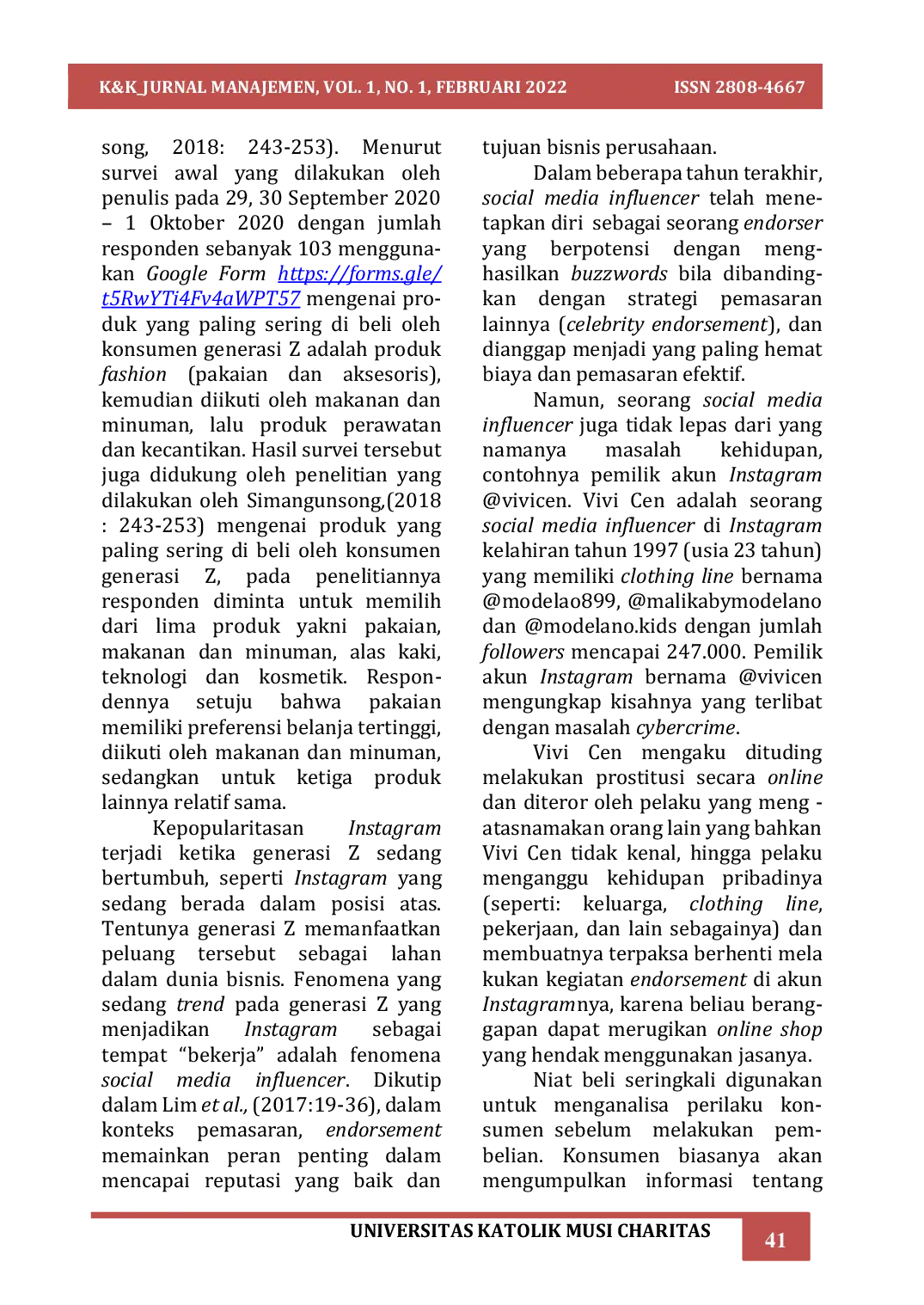 JURIS Pengaruh Social Media Influencer Terhadap Purchase Intention Produk Fashion Bagi Generasi Z Di Aplikasi Instagram