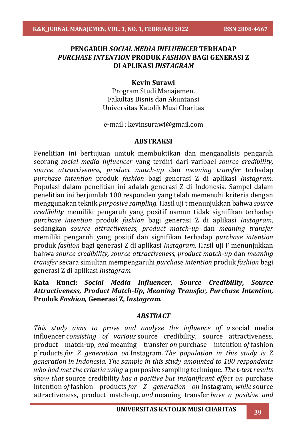JURIS Pengaruh Social Media Influencer Terhadap Purchase Intention Produk Fashion Bagi Generasi Z Di Aplikasi Instagram