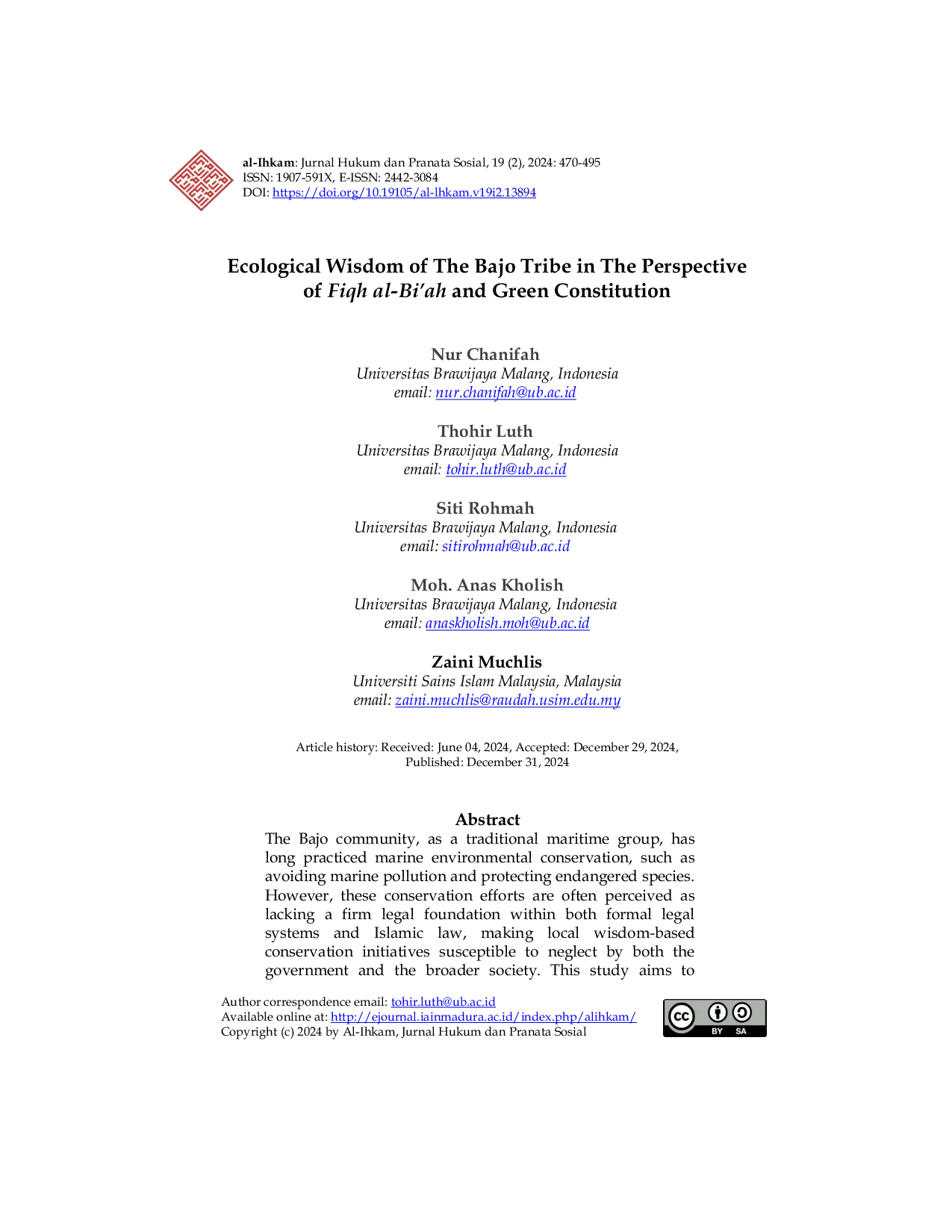 JURIS Ecological Wisdom of The Bajo Tribe in The Perspective of Fiqh al Bi ah and Green Constitution