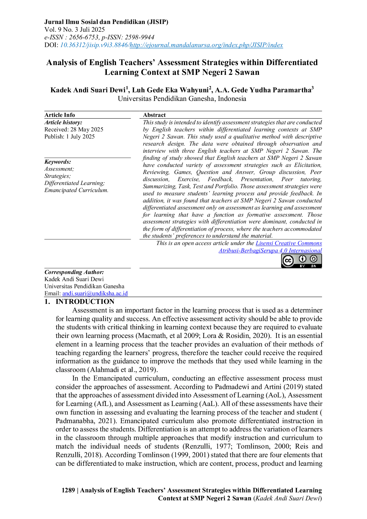 JURIS Analysis of English Teachers Assessment Strategies within Differentiated Learning Context at SMP NEGERI 2 SAWAN