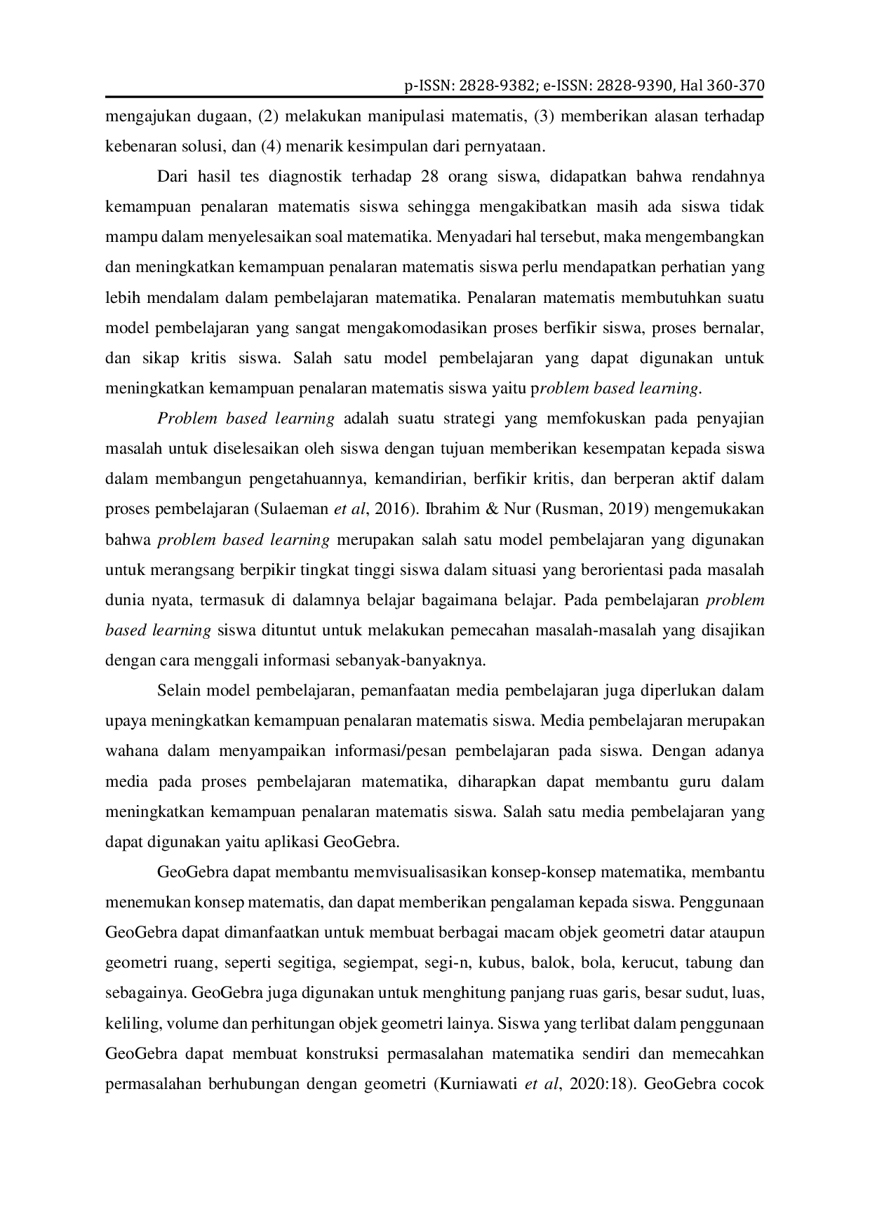 JURIS Penerapan Model Pembelajaran PBL Berbantuan Aplikasi Geogebra Untuk Meningkatkan Kemampuan Penalaran Matematis Siswa Kelas VIII