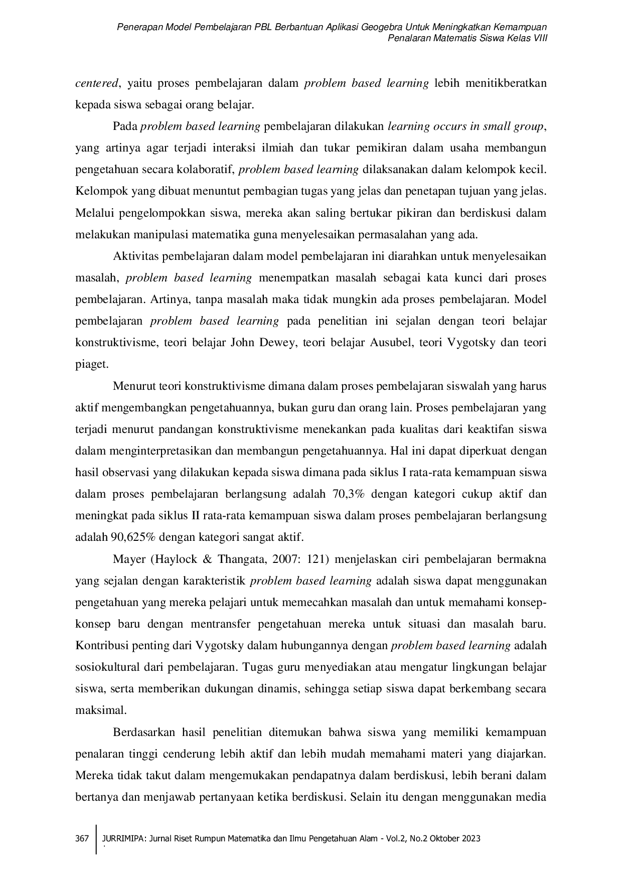 JURIS Penerapan Model Pembelajaran PBL Berbantuan Aplikasi Geogebra Untuk Meningkatkan Kemampuan Penalaran Matematis Siswa Kelas VIII