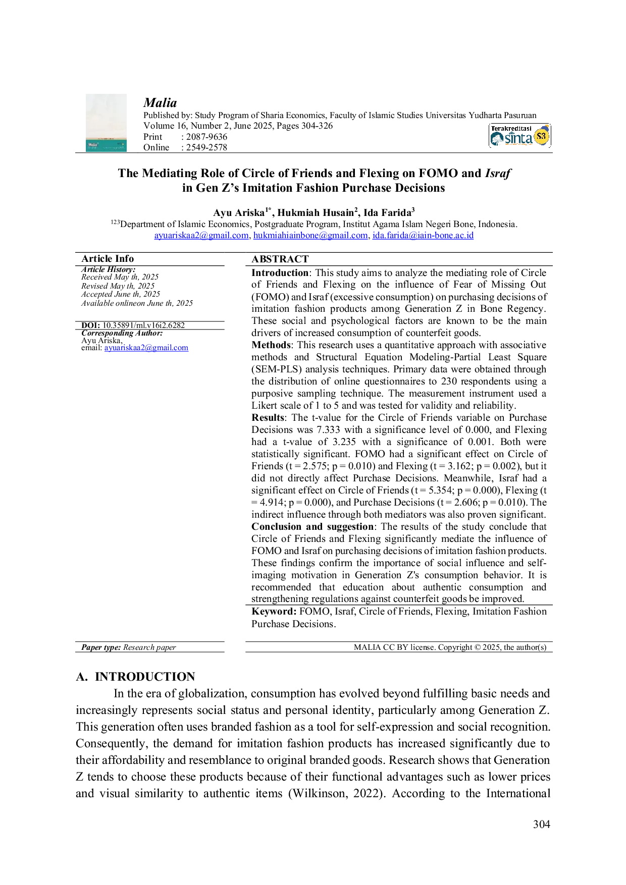 JURIS The Mediating Role of Circle of Friends and Flexing on FOMO and Israf in Gen Z s Imitation Fashion Purchase Decisions