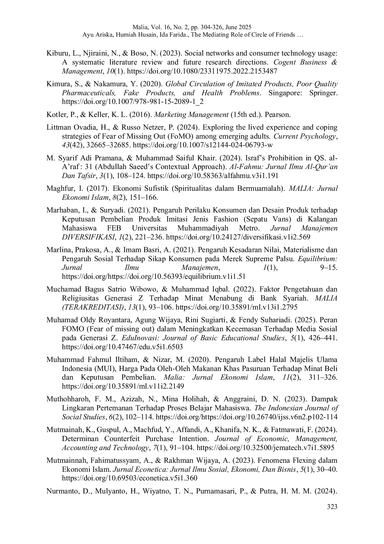 JURIS The Mediating Role of Circle of Friends and Flexing on FOMO and Israf in Gen Z s Imitation Fashion Purchase Decisions