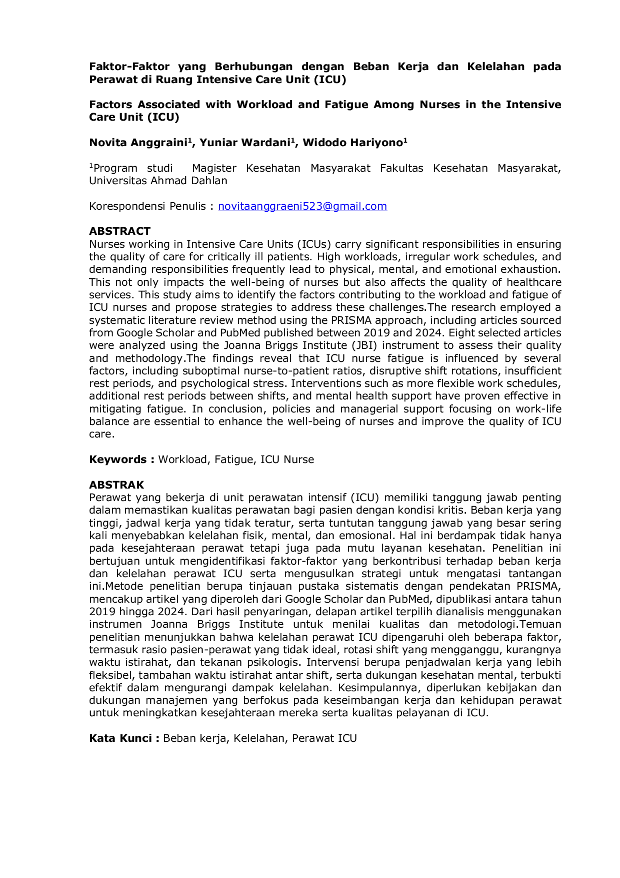 JURIS Faktor Faktor Yang Berhubungan Dengan Beban Kerja Dan Kelelahan Pada Perawat Di Ruang Intensive Care Unit ICU