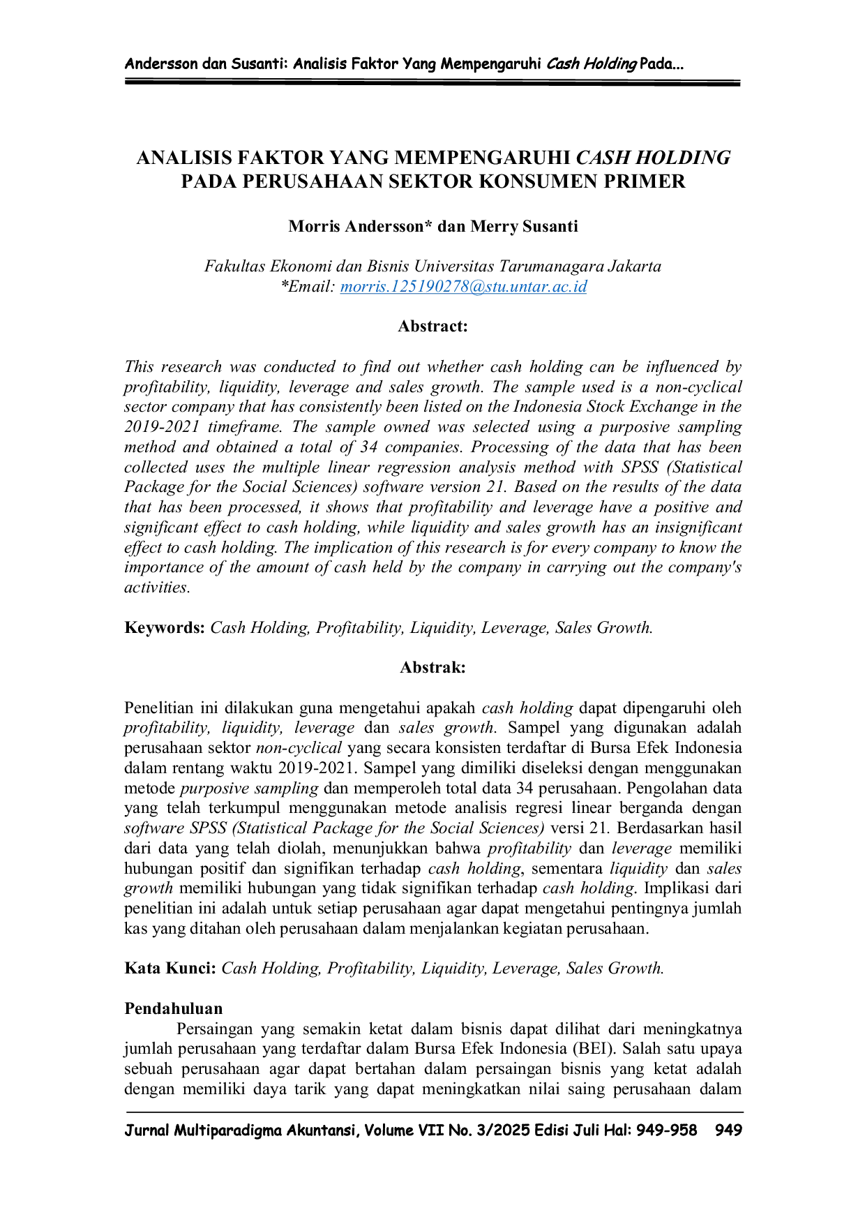 JURIS Analisis Faktor yang Mempengaruhi Cash Holding pada Perusahaan Sektor Konsumen Primer