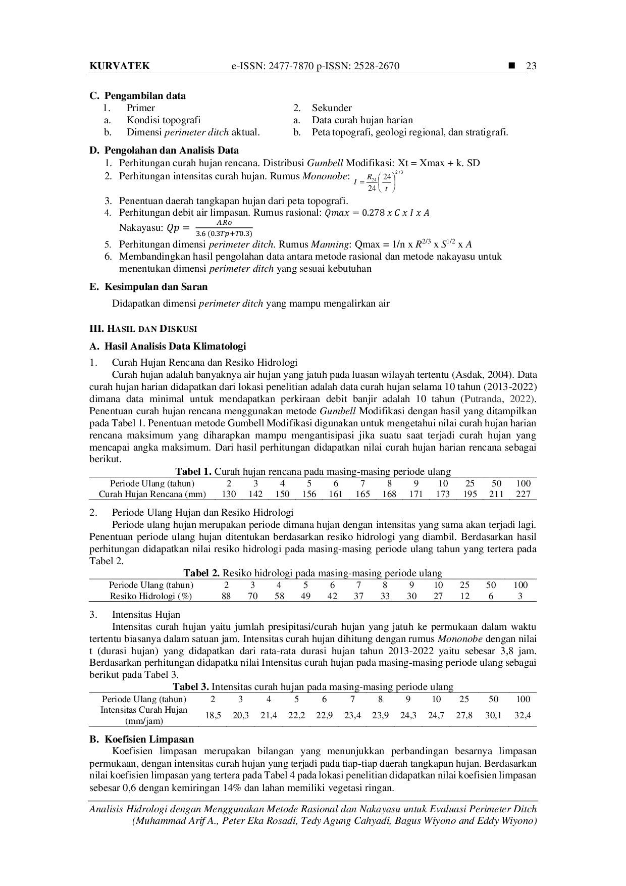 JURIS Analisis Hidrologi dengan Menggunakan Metode Rasional dan Nakayasu untuk Evaluasi Perimeter Ditch