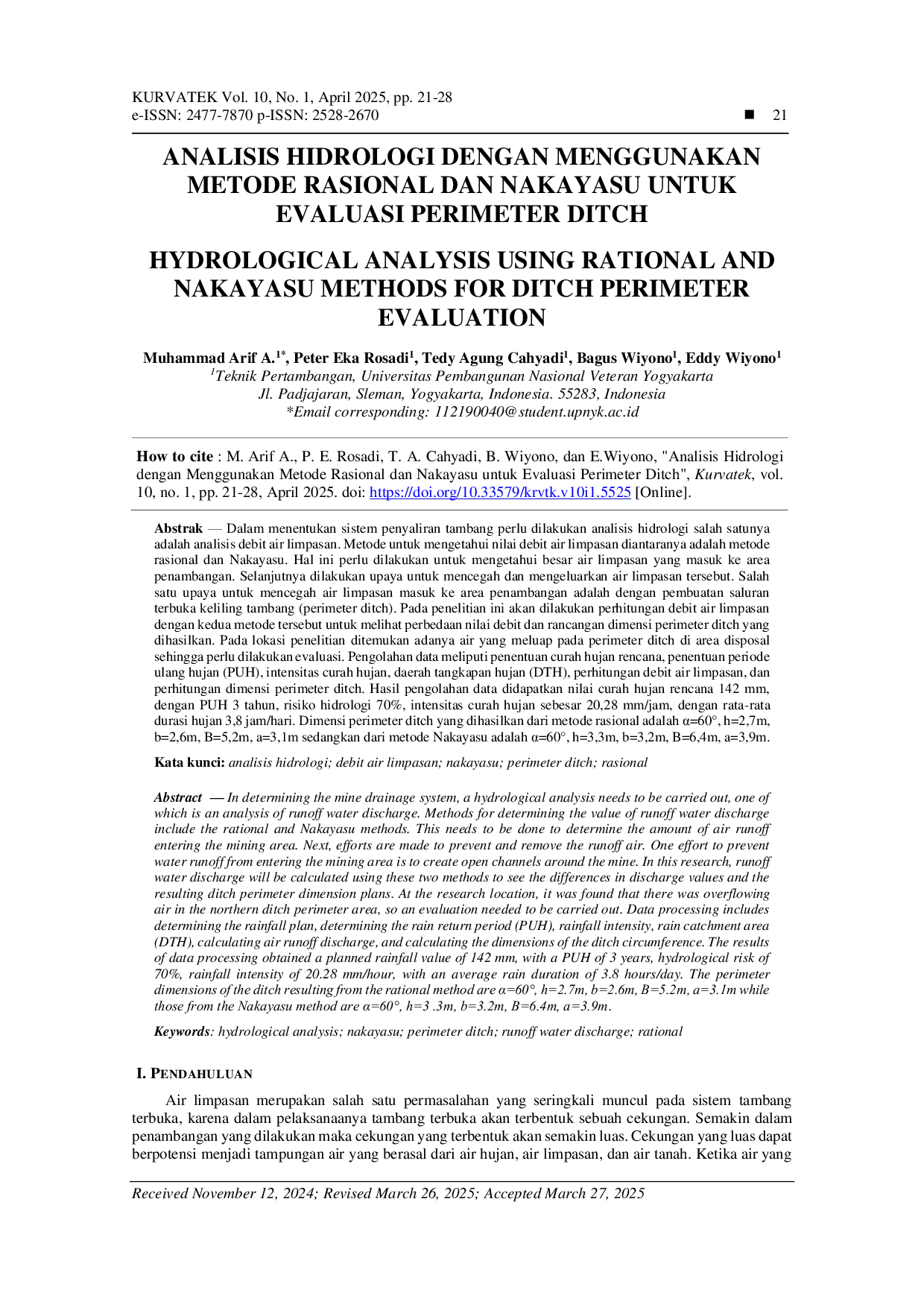 JURIS Analisis Hidrologi dengan Menggunakan Metode Rasional dan Nakayasu untuk Evaluasi Perimeter Ditch