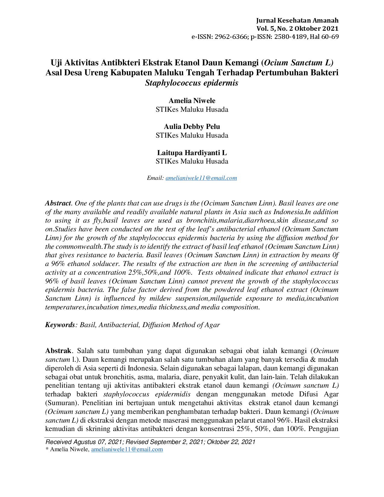 juris Uji Aktivitas Antibkteri Ekstrak Etanol Daun Kemangi Ocium Sanctum L Asal Desa Ureng Kabupaten Maluku Tengah Terhadap Pertumbuhan Bakteri Staphylococcus epidermis