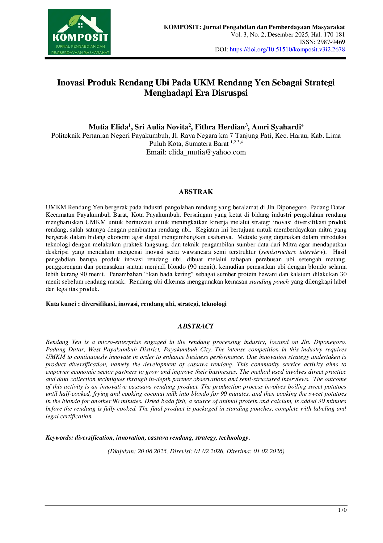 JURIS Inovasi Produk Rendang Ubi Pada UKM Rendang Yen Sebagai Strategi Menghadapi Era Disruspsi