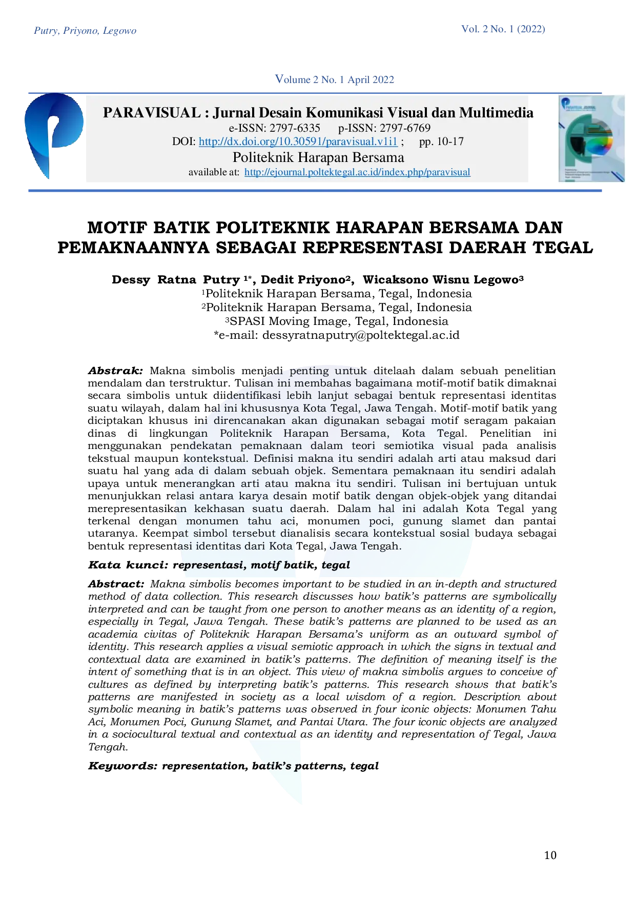 JURIS Motif Batik Politeknik Harapan Bersama dan Pemaknaannya Sebagai Representasi Daerah Tegal