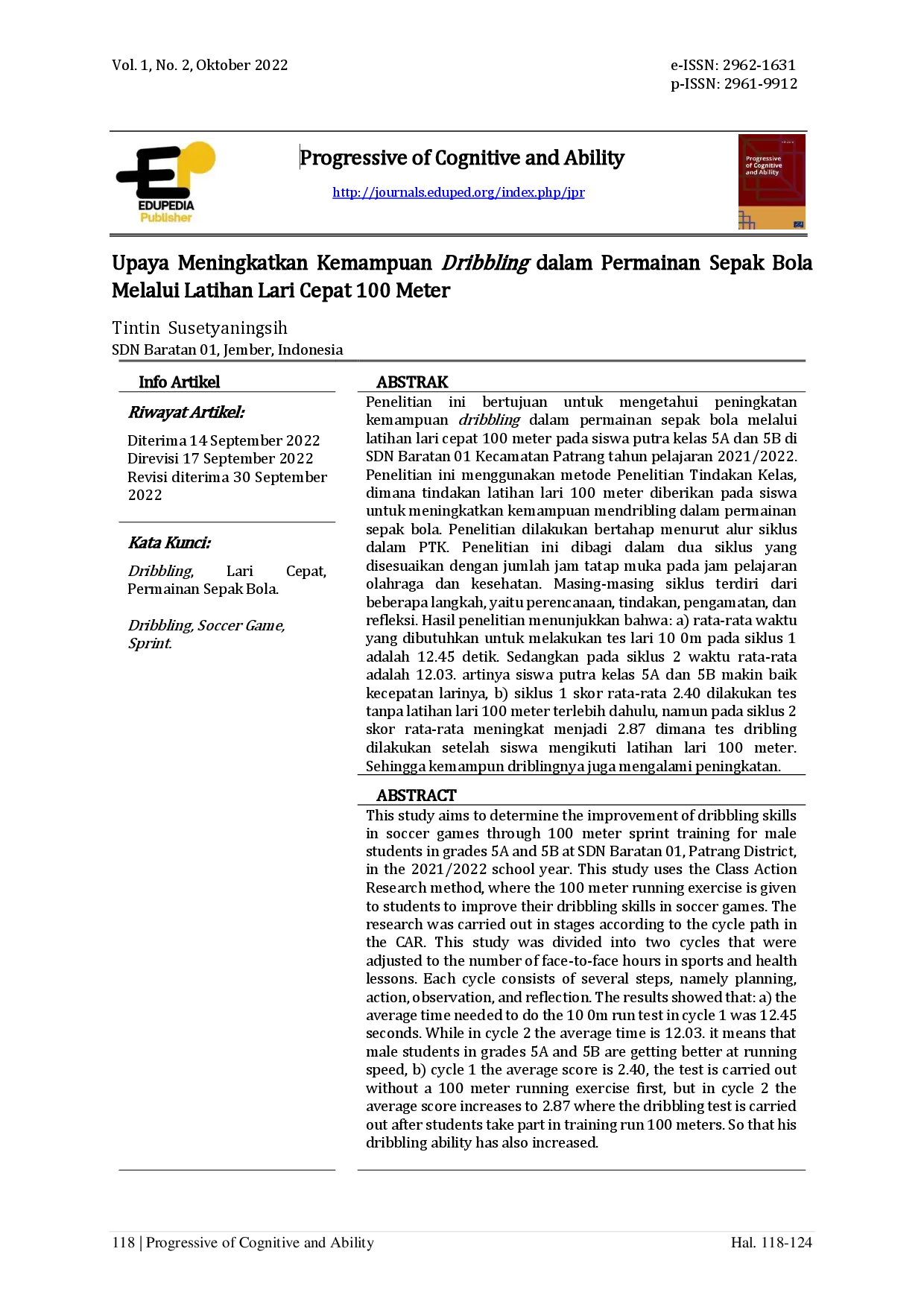 juris Upaya Meningkatkan Kemampuan Dribbling dalam Permainan Sepak Bola Melalui Latihan Lari Cepat 100 Meter