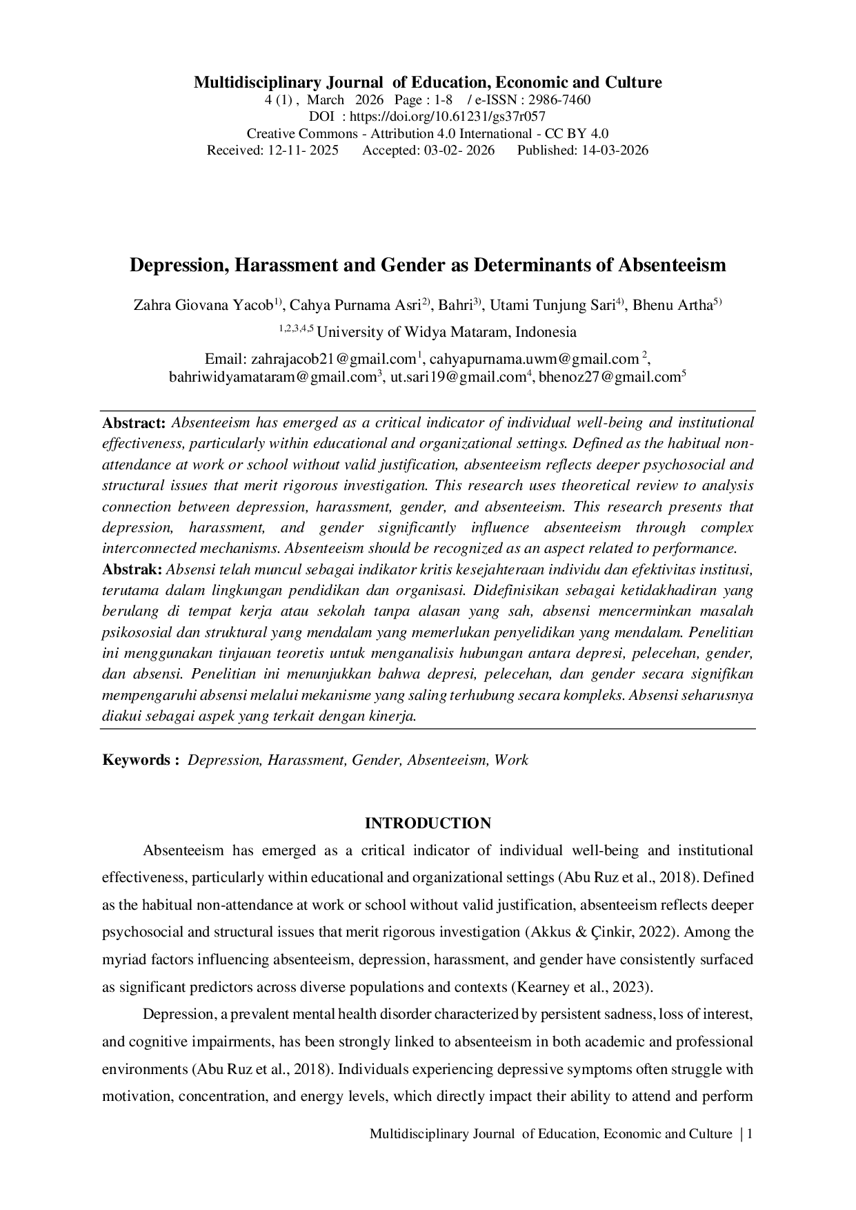 JURIS Depression Harassment and Gender as Determinants of Absenteeism