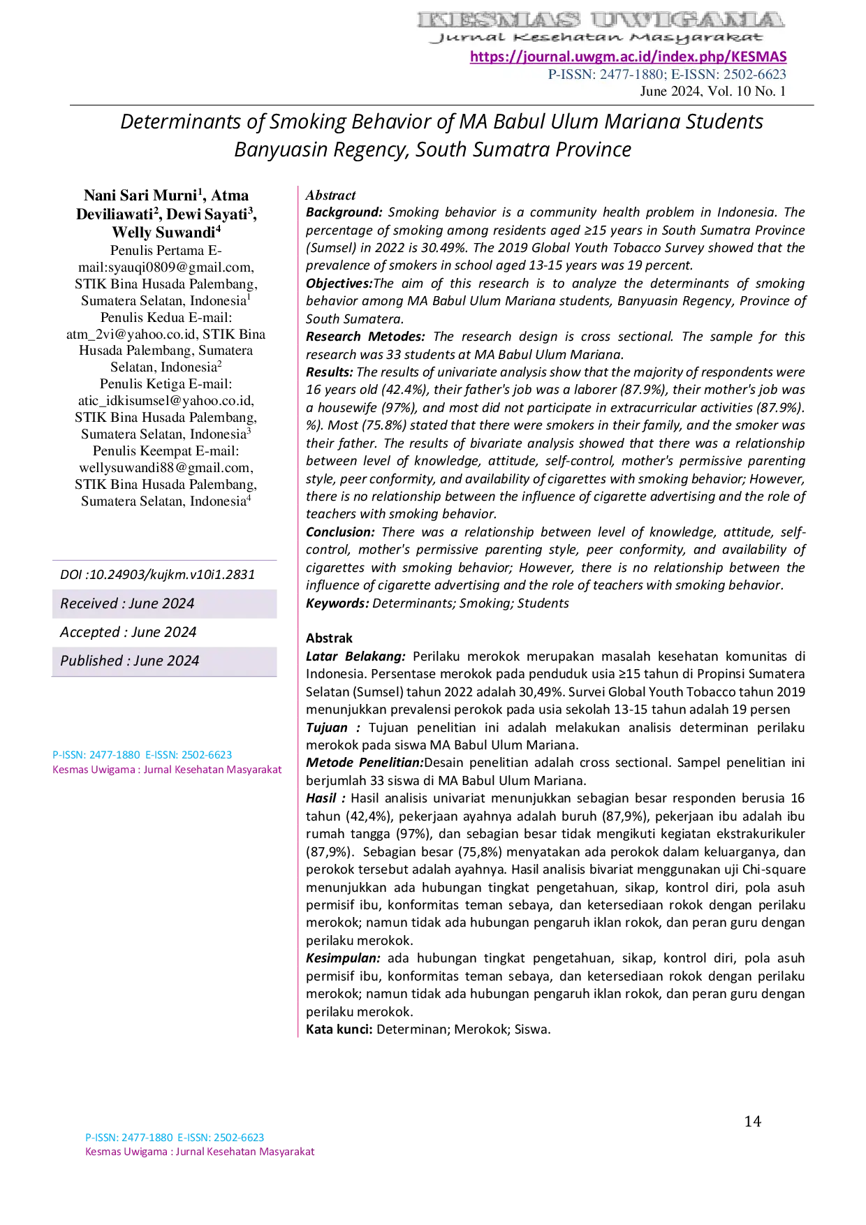 JURIS Determinan Perilaku Merokok Siswa MA Babul Ulum Mariana Kabupaten Banyuasin Propinsi Sumatera Selatan