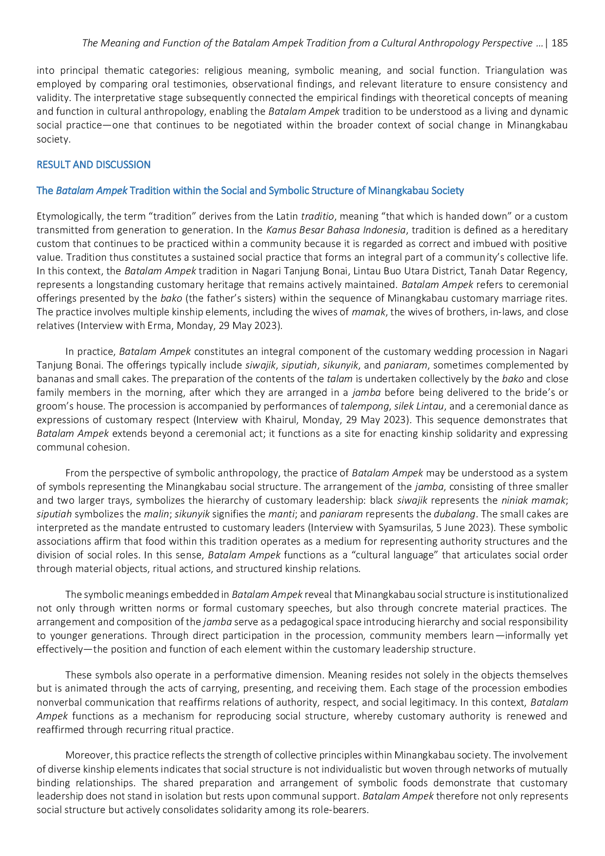 JURIS The Meaning and Function of the Batalam Ampek Tradition from a Cultural Anthropology Perspective in Nagari Tanjung Bonai West Sumatra
