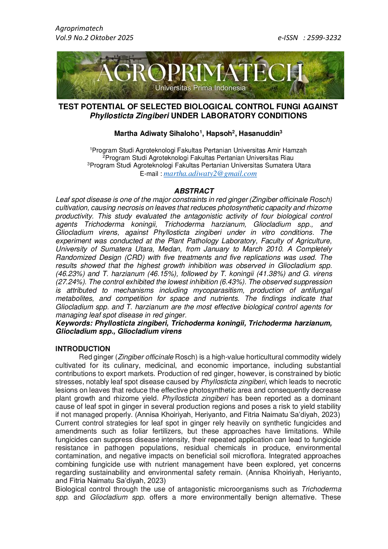 JURIS Test Potential of Selected Biological Control Fungi Against Phyllosticta zingiberi Under Laboratory Conditions