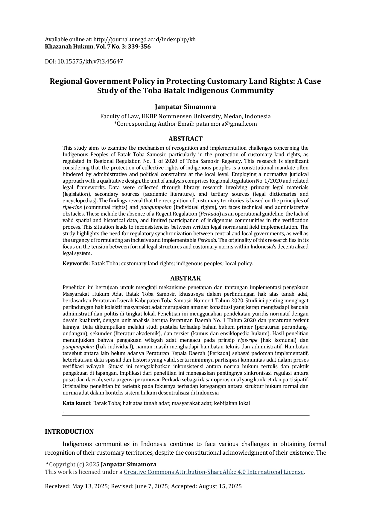 JURIS Regional Government Policy in Protecting Customary Land Rights A Case Study of the Toba Batak Indigenous Community