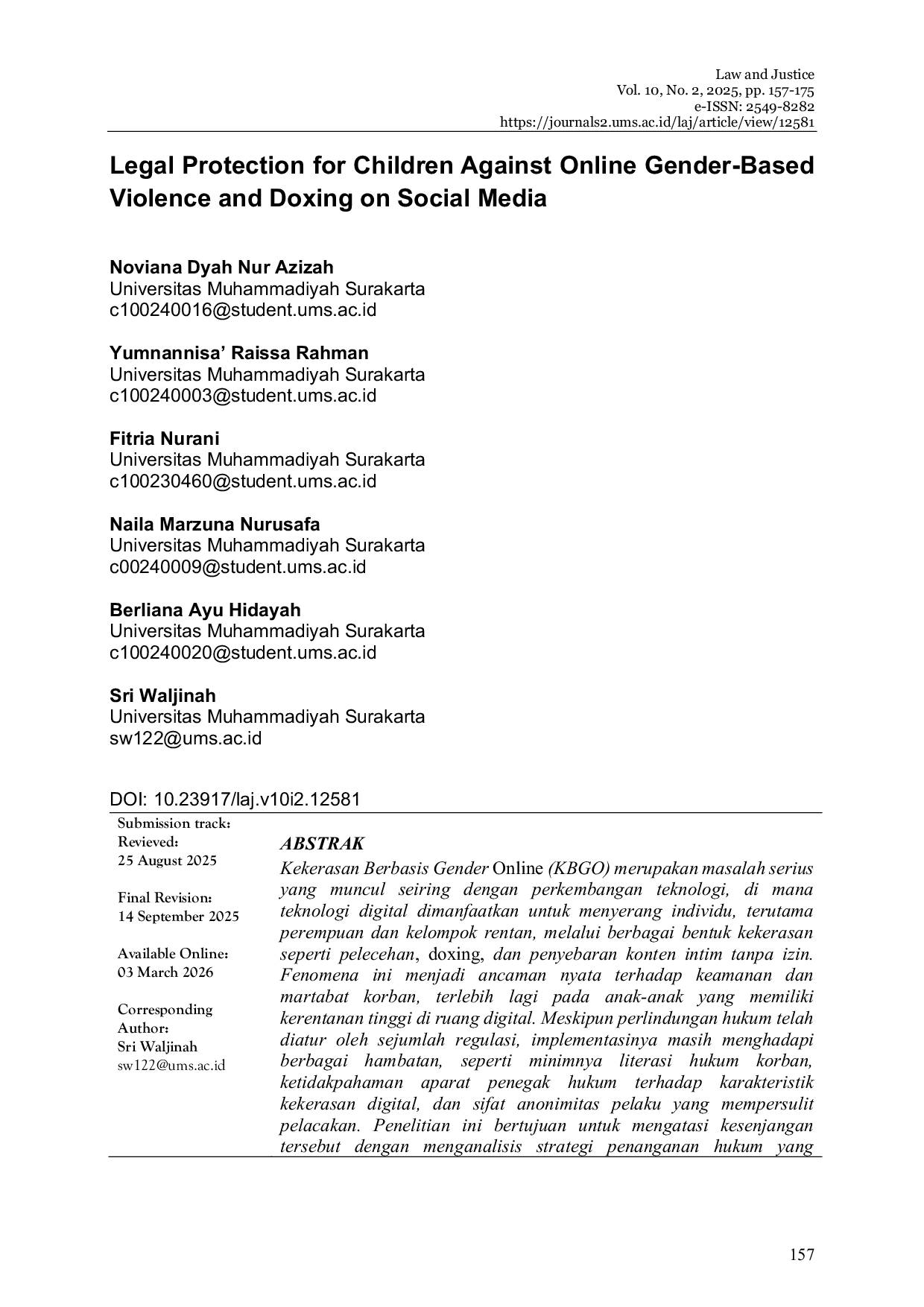 JURIS Legal Protection for Children Against Online Gender Based Violence and Doxing on Social Media