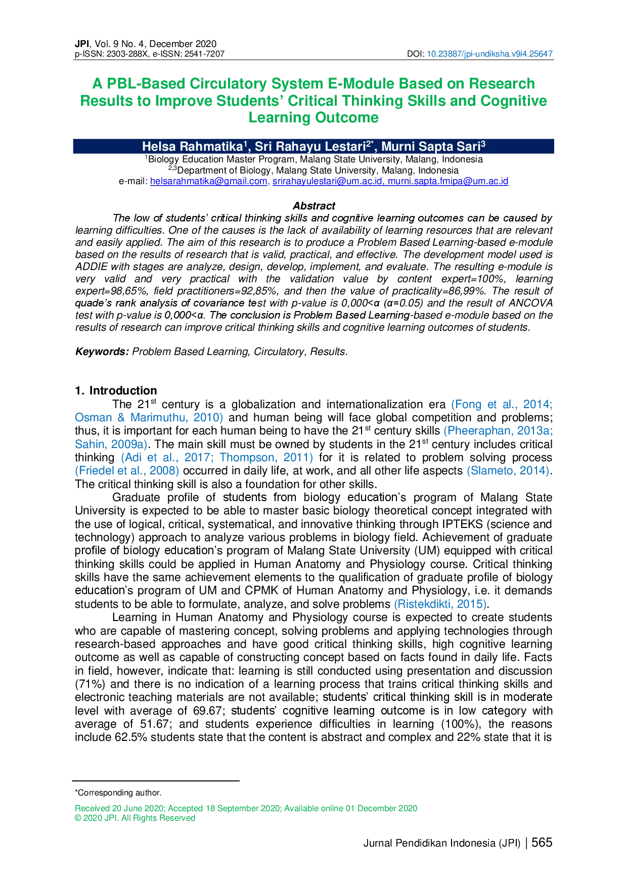 juris A PBL Based Circulatory System E Module Based on Research Results to Improve Students Critical Thinking Skills and Cognitive Learning Outcome