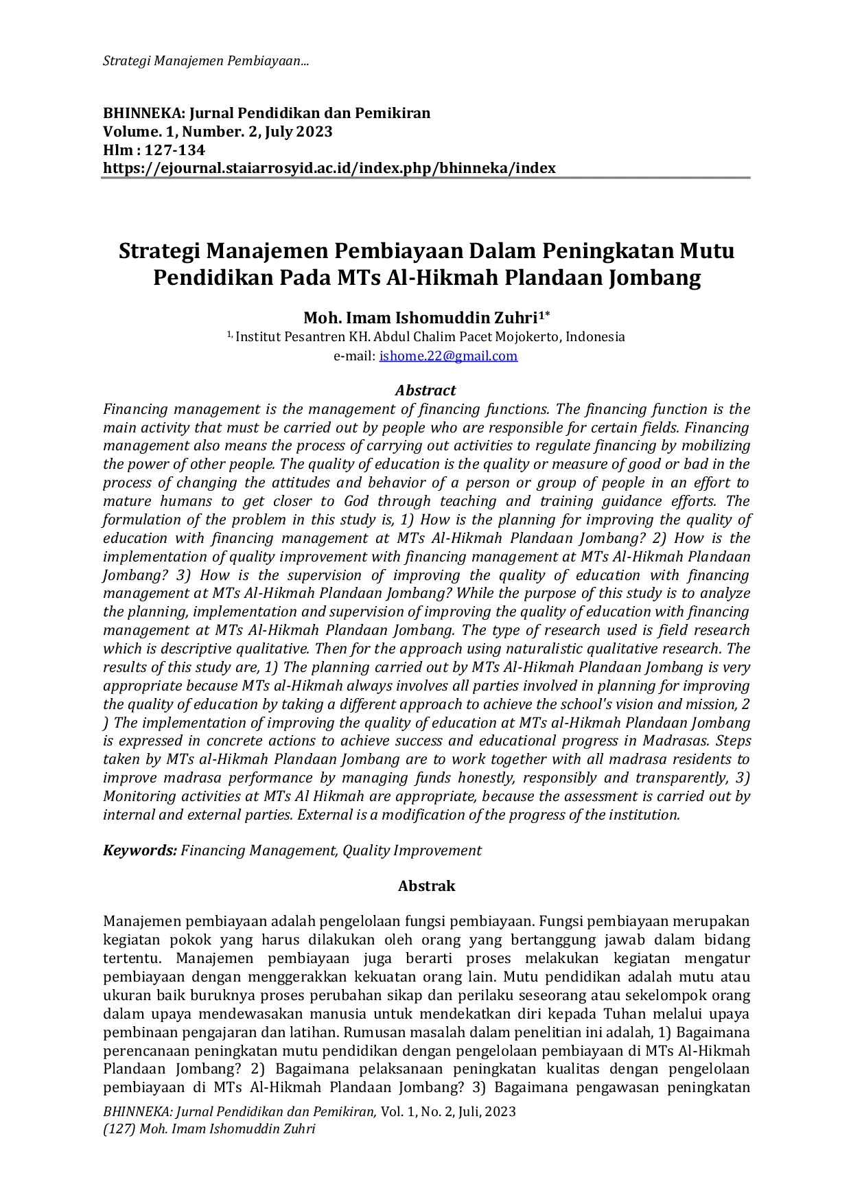 JURIS Strategi Manajemen Pembiayaan Dalam Peningkatan Mutu Pendidikan Pada MTs Al Hikmah Plandaan Jombang