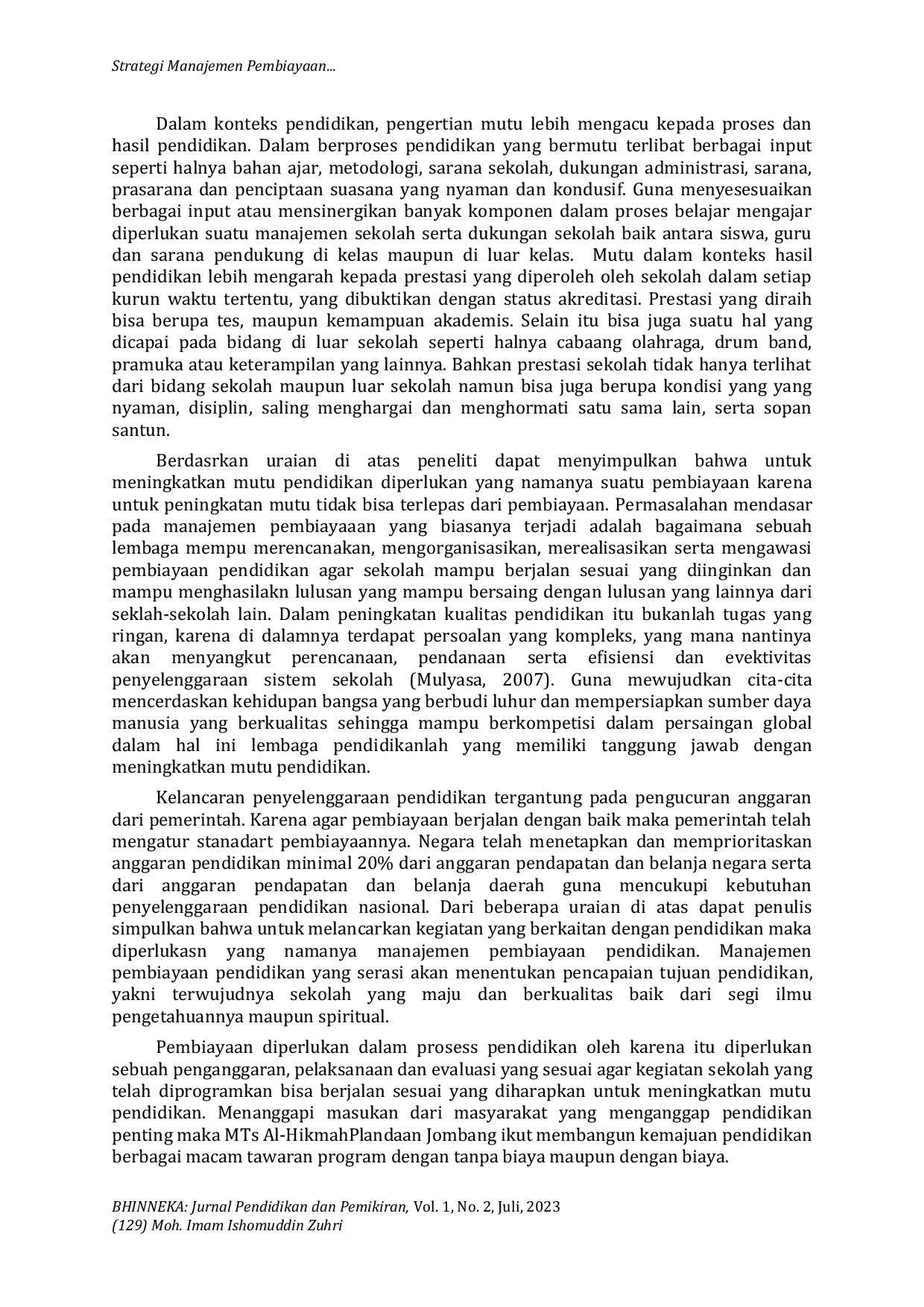 JURIS Strategi Manajemen Pembiayaan Dalam Peningkatan Mutu Pendidikan Pada MTs Al Hikmah Plandaan Jombang