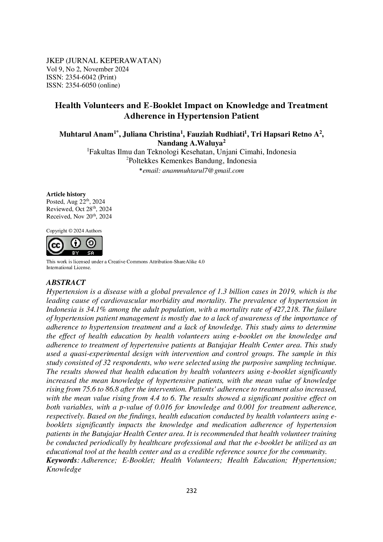 juris Health Volunteers and E Booklet Impact on Knowledge and Treatment Adherence in Hypertension Patients