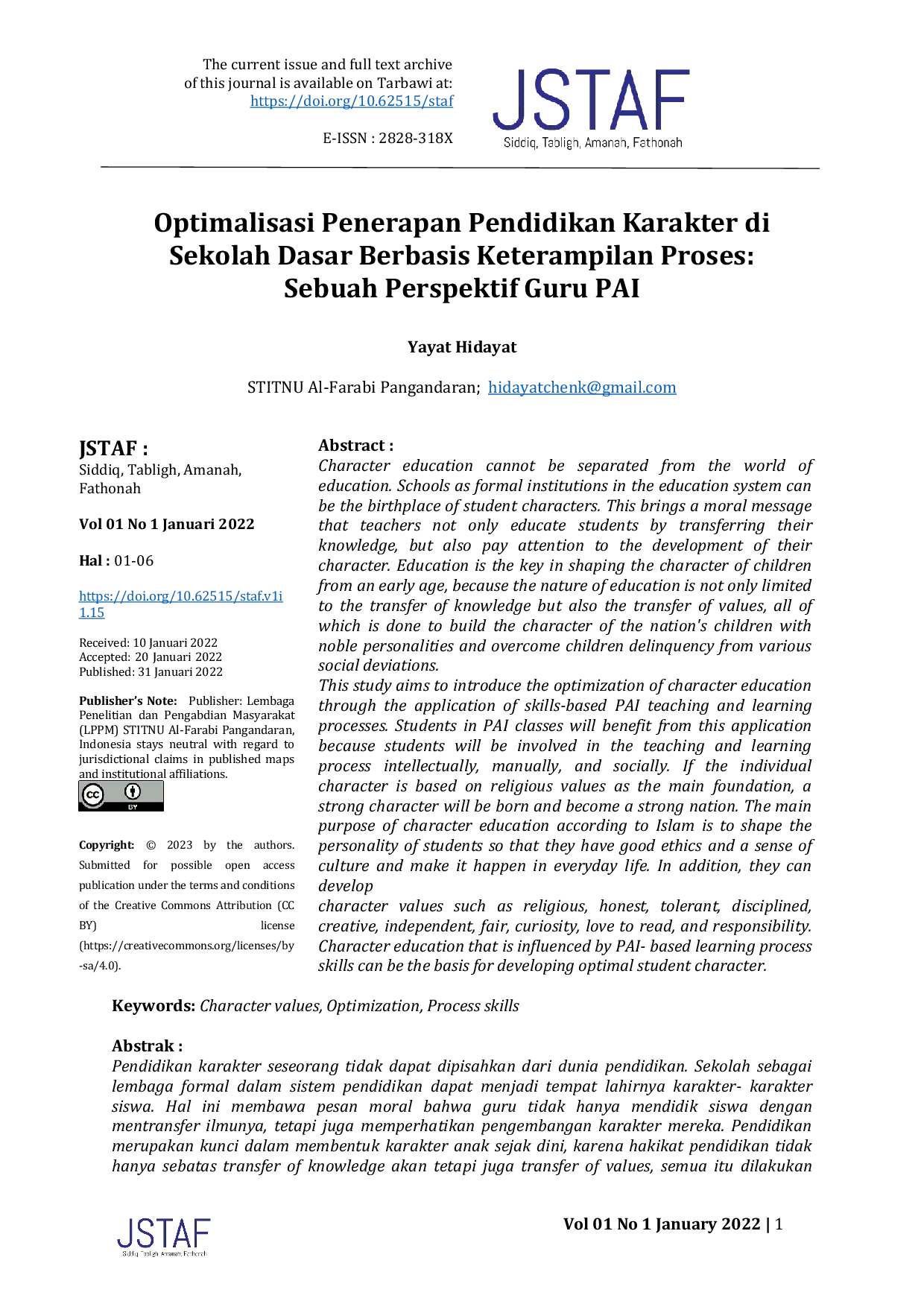 JURIS Optimalisasi Penerapan Pendidikan Karakter di Sekolah Dasar Berbasis Keterampilan Proses Sebuah Perspektif Guru PAI
