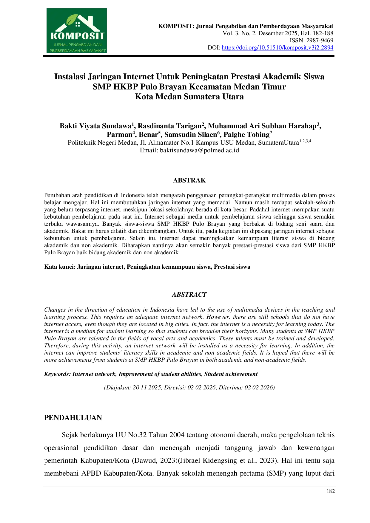 JURIS Instalasi Jaringan Internet Untuk Peningkatan Prestasi Akademik Siswa SMP HKBP Pulo Brayan Kecamatan Medan Timur Kota Medan Sumatera Utara