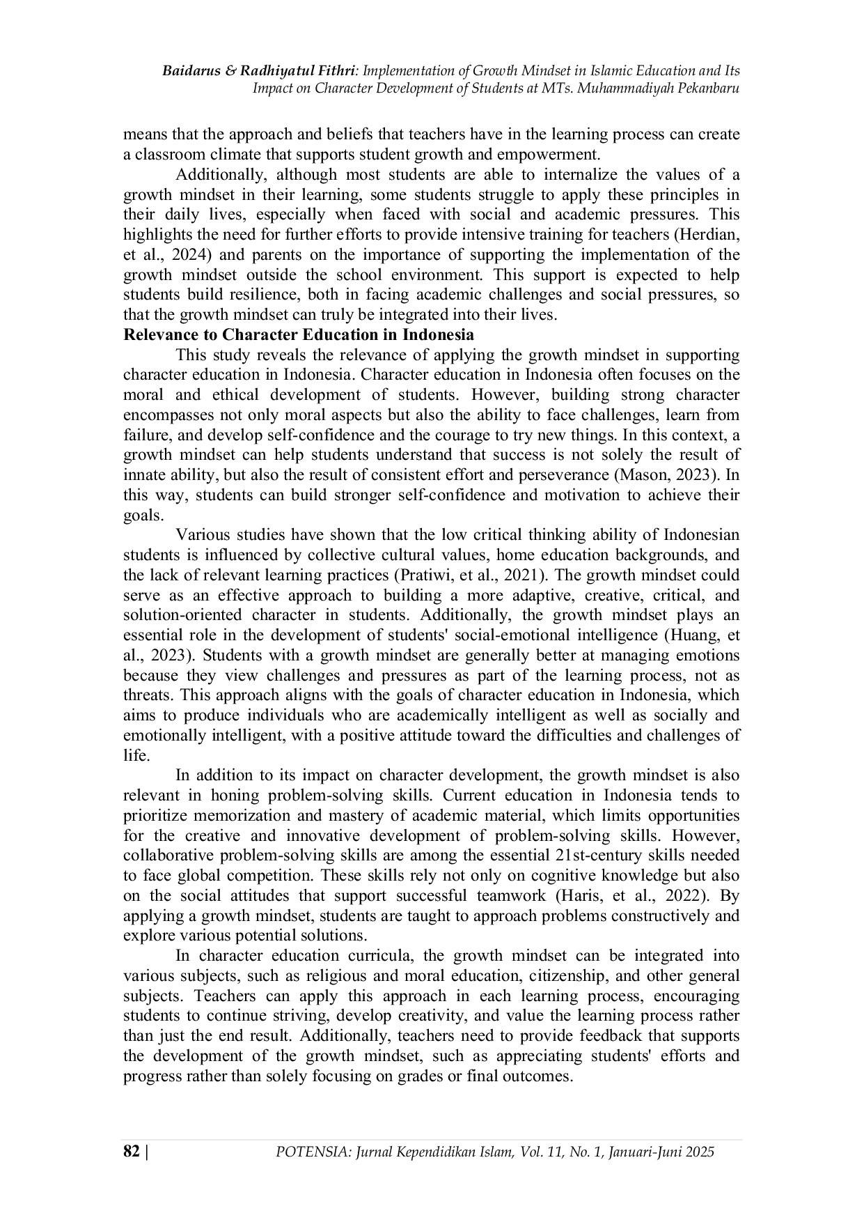 JURIS Implementation of Growth Mindset in Islamic Education and Its Impact on Character Development of Students at MTs Muhammadiyah Pekanbaru