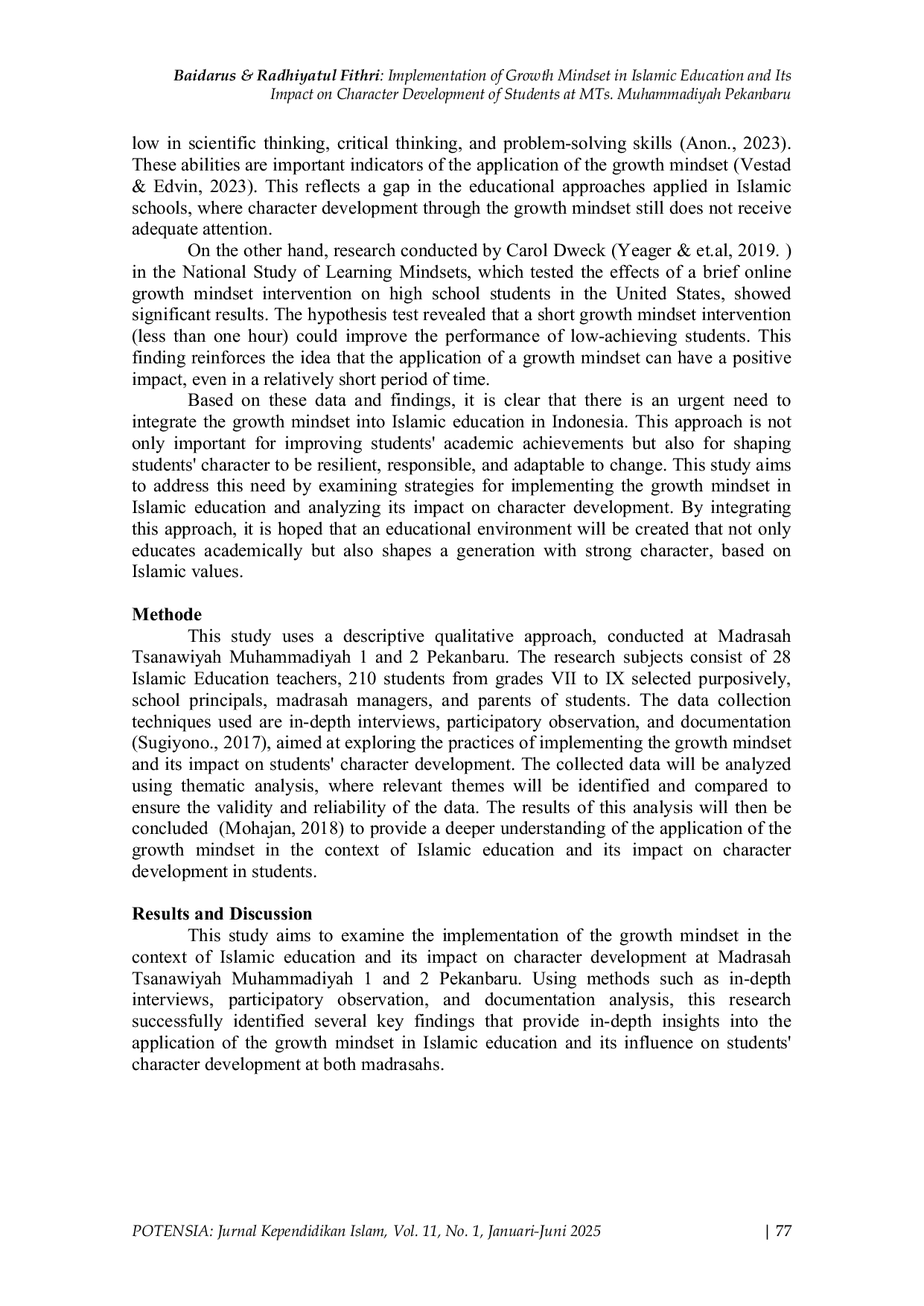 JURIS Implementation of Growth Mindset in Islamic Education and Its Impact on Character Development of Students at MTs Muhammadiyah Pekanbaru
