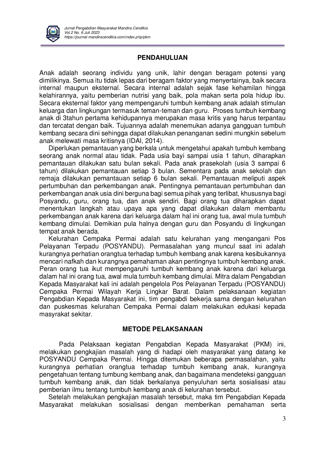 JURIS Deteksi Dan Sosialisasi Tumbuh Kembang Anak Pada Posyandu Cempaka Permai Wilayah Kerja Lingkar Barat